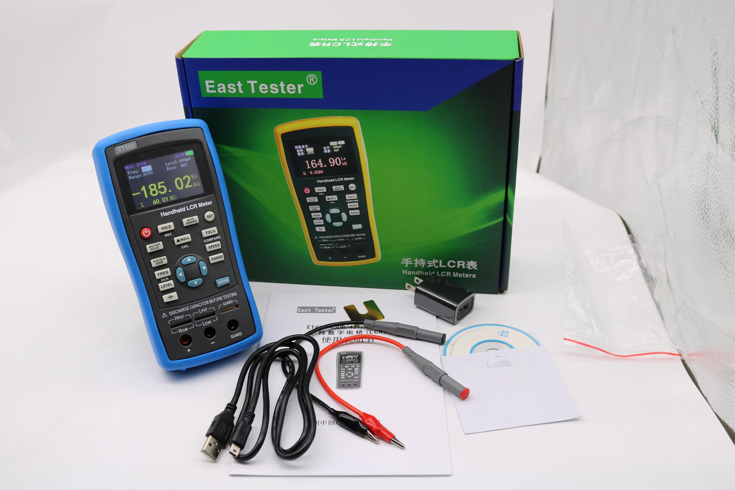 Handheld LCR Meter Bridge, 0.2% Basic Accuracy, 6 Test Frequencies to 100kHz, TFT Display, Electrolytic Capacitor Mode, Type-C & SCPI Protocol,ET432