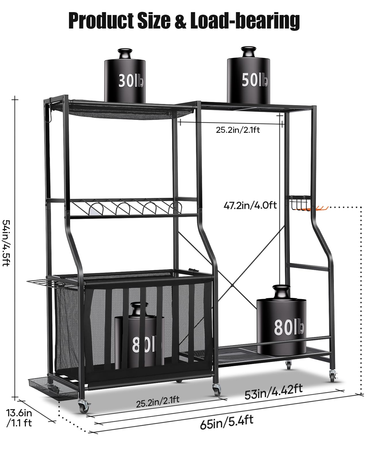 EXTCCT Garage Sports Equipment Organizer with Wheels - Golf Bag Storage Rack and Ball Storage Bins, Heavy Duty Rolling Garage Organizer System with Basket and Hooks for Indoor (Black-Large)