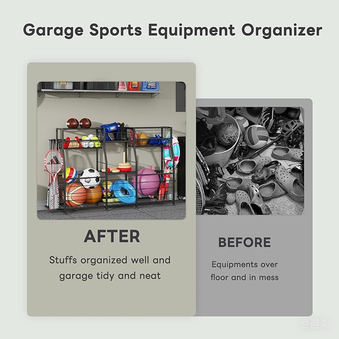 Garage Sports Equipment Organizer - Ball Storage Rack with Elastic Rope or Wire Mesh,Garage Organizer System with Wheels,Indoor/Outdoor Sports Rack for Sports Gear and Toys Storage,Black