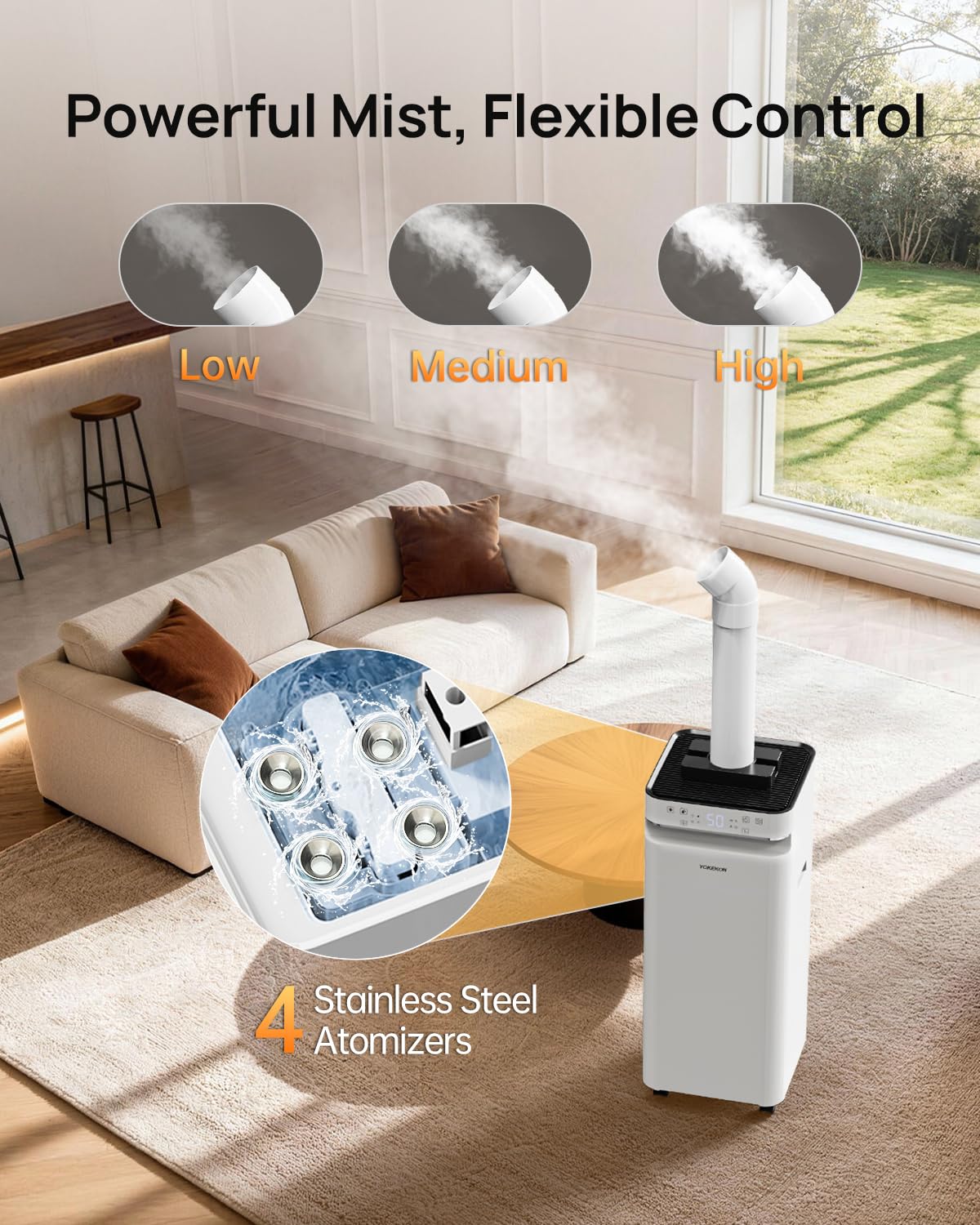 YOKEKON Humidifier Large Room 5.8Gal/22L, 2500 sq.ft. Cool Mist Humidifiers for Home Bedroom with Flame & Night Light, Top Fill Whole House Humidifier with Extension Tube, Plants, Kids, Adults, White