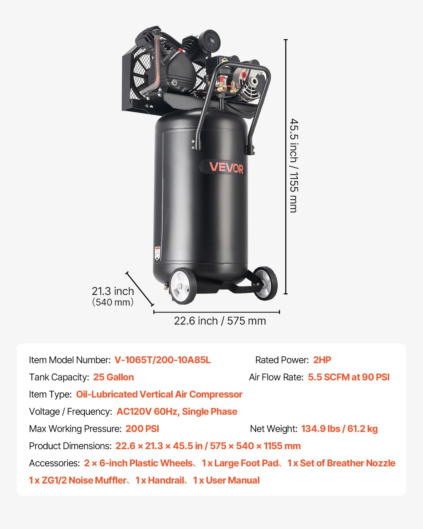 VEVOR 25-Gallon Air Compressor, 2HP 5.5 SCFM at 90PSI, Max 200PSI Pressure Oil-Lubricated Air Compressor Tank, Portable on Wheels for Auto Repair, Tire Inflation, Spray Painting, Woodwork Nailing 120V