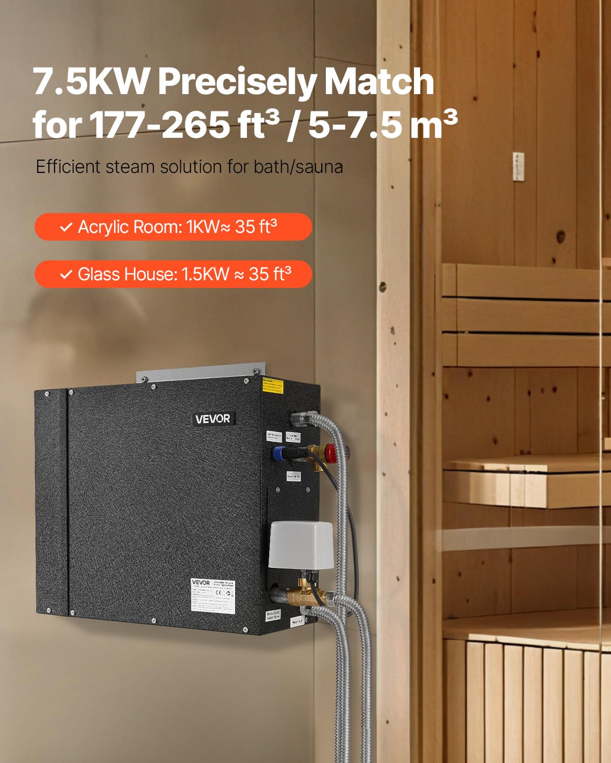 VEVOR Steam Generator, 7.5 kW Steam Shower System with Controller for Home Sauna & Spa, Commercial Auto Drain Kit with Overheat, Dry-Run & Overpressure Protection, 10min to 24h Timer, Black