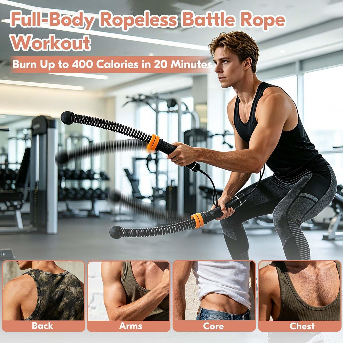 Ropeless Battle Ropes, 2 Pack Cordless Battle Ropes with Adjustable Weights, Non-Slip Comfort Handles, Portable Trainer for Home Gym, HIIT Cardio & Travel Workout