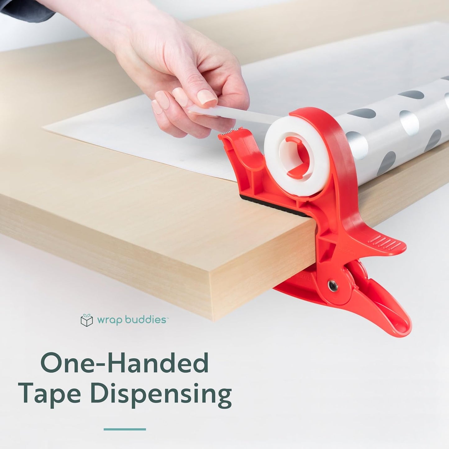 Wrap Buddies Tabletop Gift Wrapping Tool - Set of 2 Adjustable Clamps with Tape Dispenser - One-Handed Cutter in Cherry Red