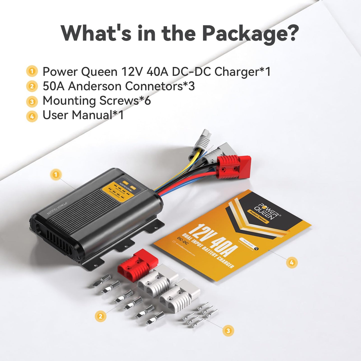 Power Queen 12V 40A DC to DC On-Board Charger for AGM, Gel, SLA, Lithium, Dual Input Battery Charger with MPPT, Anderson Connector Reverse Charge for Solar Panel and Alternator