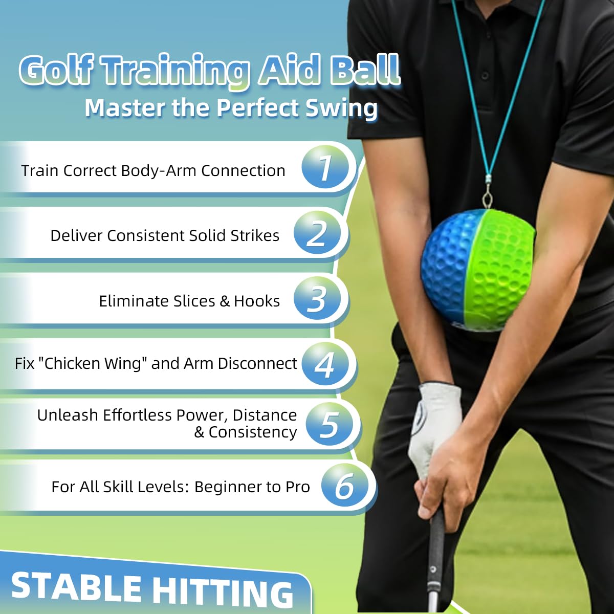 THEMARS Golf Swing Trainer, Golf Training Aid Ball - Soft PU Foam Forearm Connection Ball & Practice Equipment & Posture Correction | Fix Chicken Wing, Slicing & Scooping with Adjustable Lanyard