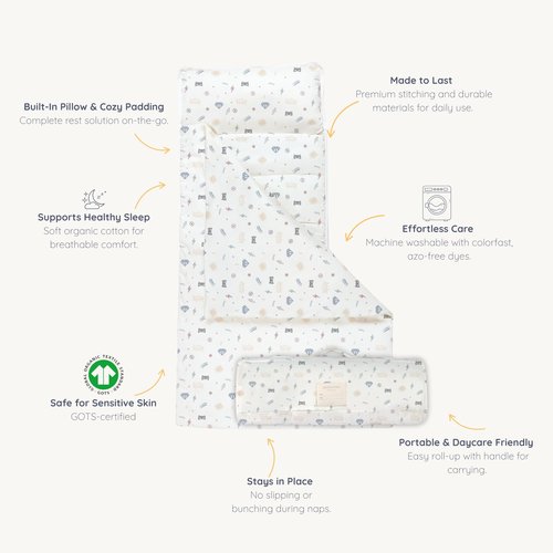Makemake Organics GOTS Certified Organic Cotton Nap Mat Pillow Kids Sleeping Bag Toddlers Boys Girls Daycare Preschool Kindergarten Superheros - 20"x50" - Mighty Heros