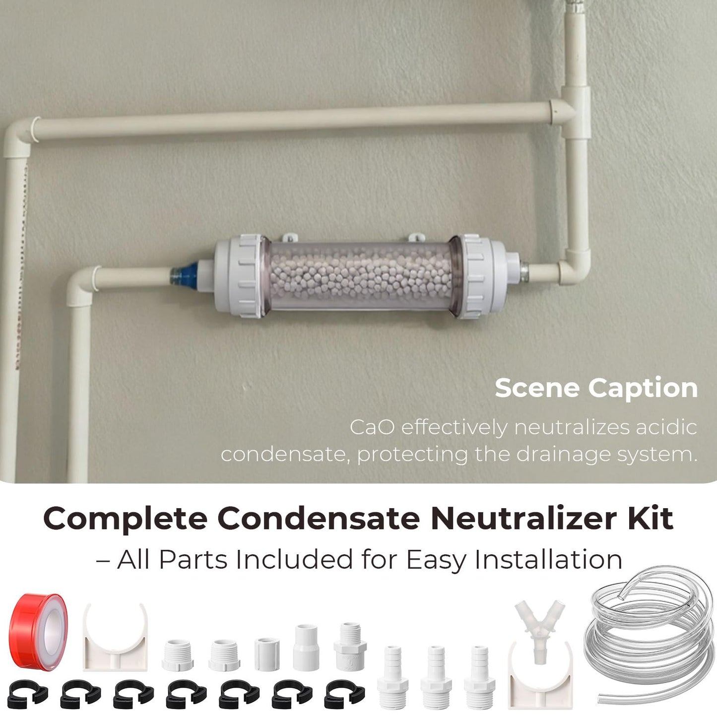 Lounsweer 2 Pcs Condensate Neutralizer Kit with 925g Ceramic Balls, Transparent Tube with Complete Fittings, Wall-Mount Clamps, PVC Tubing PTFE Tape, etc. for HVAC Furnace & Boiler Replaceable Media