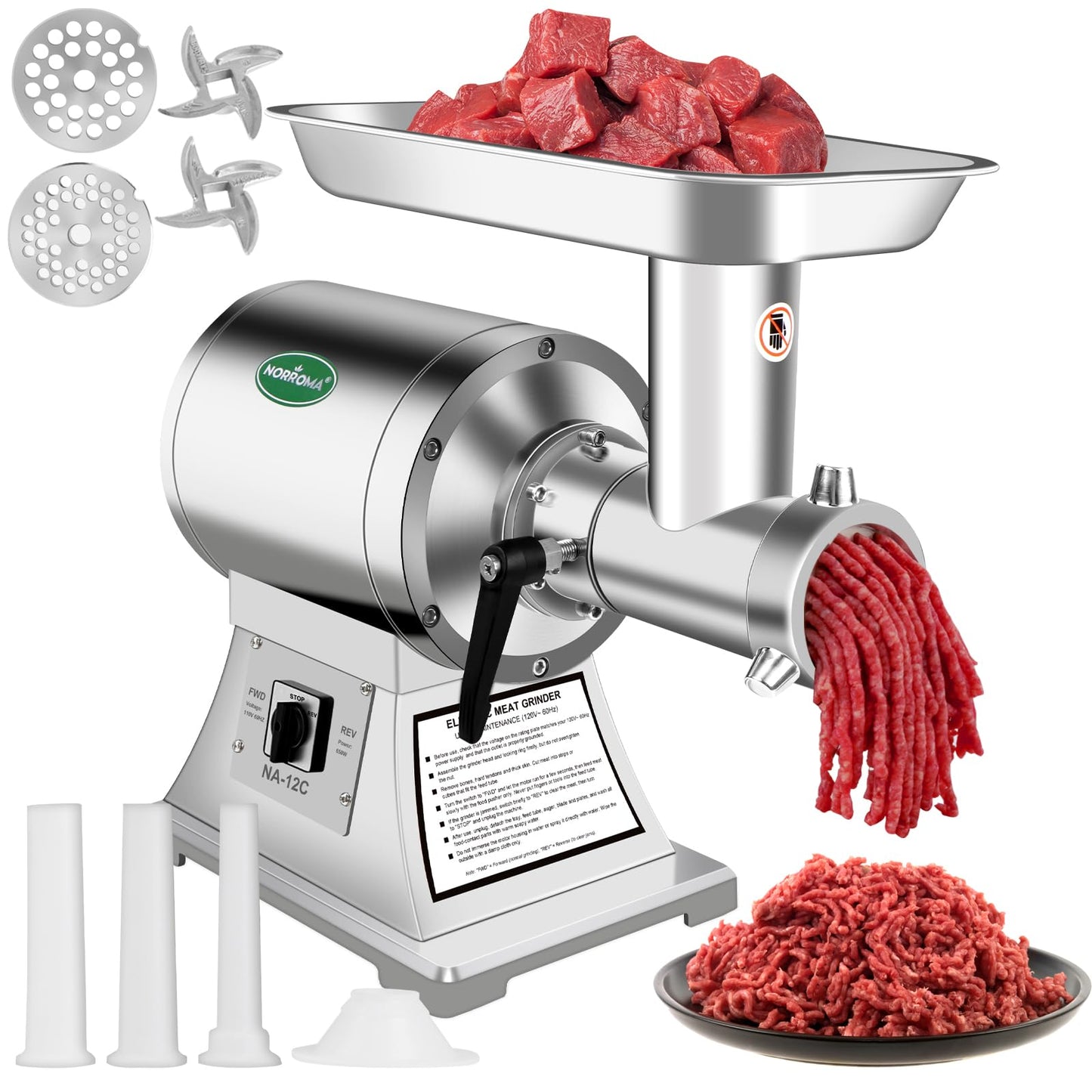 Commercial Meat Grinder Heavy Duty, 1.0HP Electric Meat Grinder #12C Stainless Steel Deer Meat Mincer for Home Use Deer with 2 Grinding Plates 3 Sausage Stuffer Tubes 2 Blades 1 Pusher