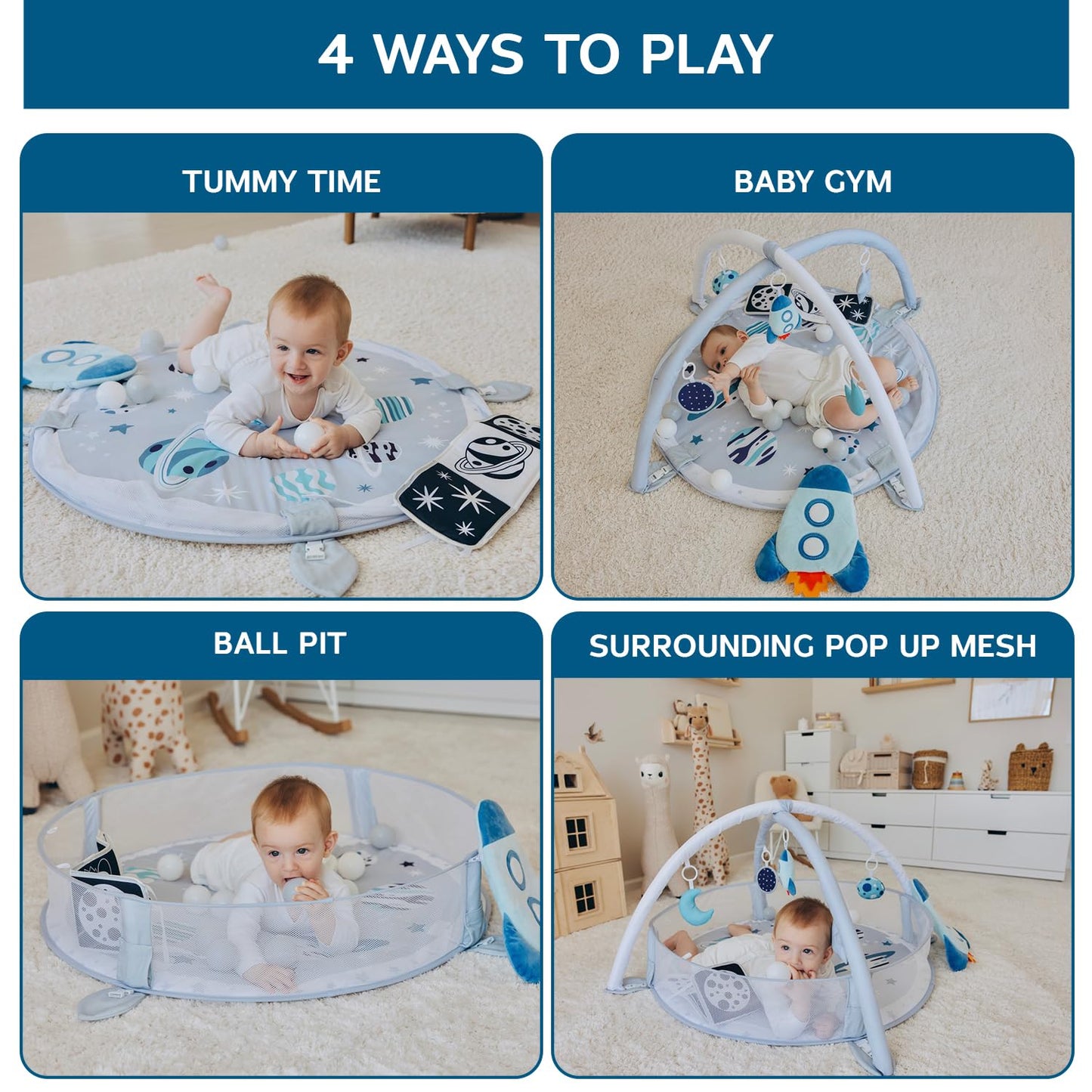 Aila+Aiden 6-in-1 XL Play Mat & Play Gym, Baby Gym, Baby Activity Gym, Sensory Exploration and Motor Skill Development Toys (Space Gray)
