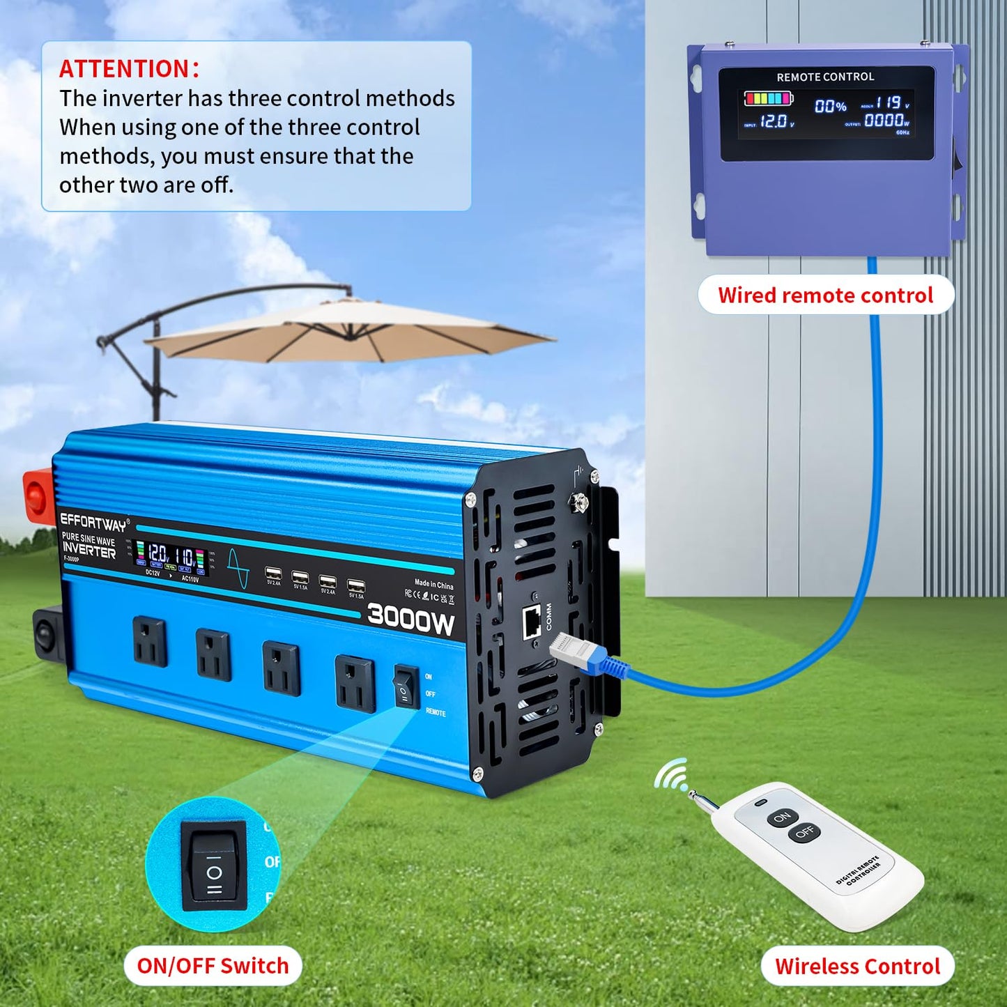 3000w Pure sine Wave Inverter DC 12V to AC 110V/120V Converter, 6000w (Peak) with LCD Display, Wireless/Wired Remote Control, 4AC outlets and 4USB.Ideal for Camping, RV Travel, Off-Grid Solar Systems