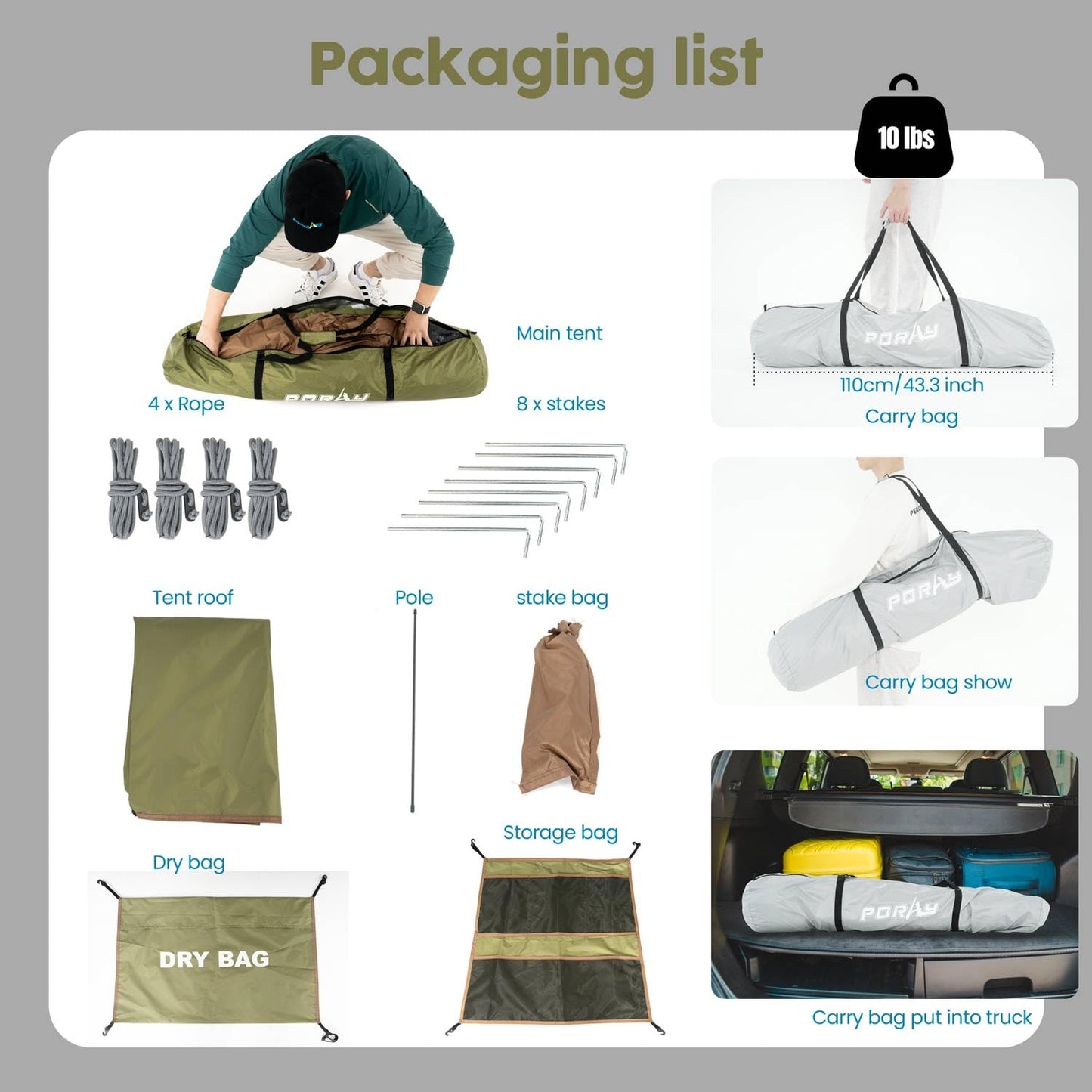 Porayhut Portable Camping Shower Tent Deluxe Changing Room Easy Set Up Privacy Shelter,Large Toilet Tent 2 Rooms with Floor Drain Design for Beach, Camping,Hiking with Stakes and Ropes for Stability