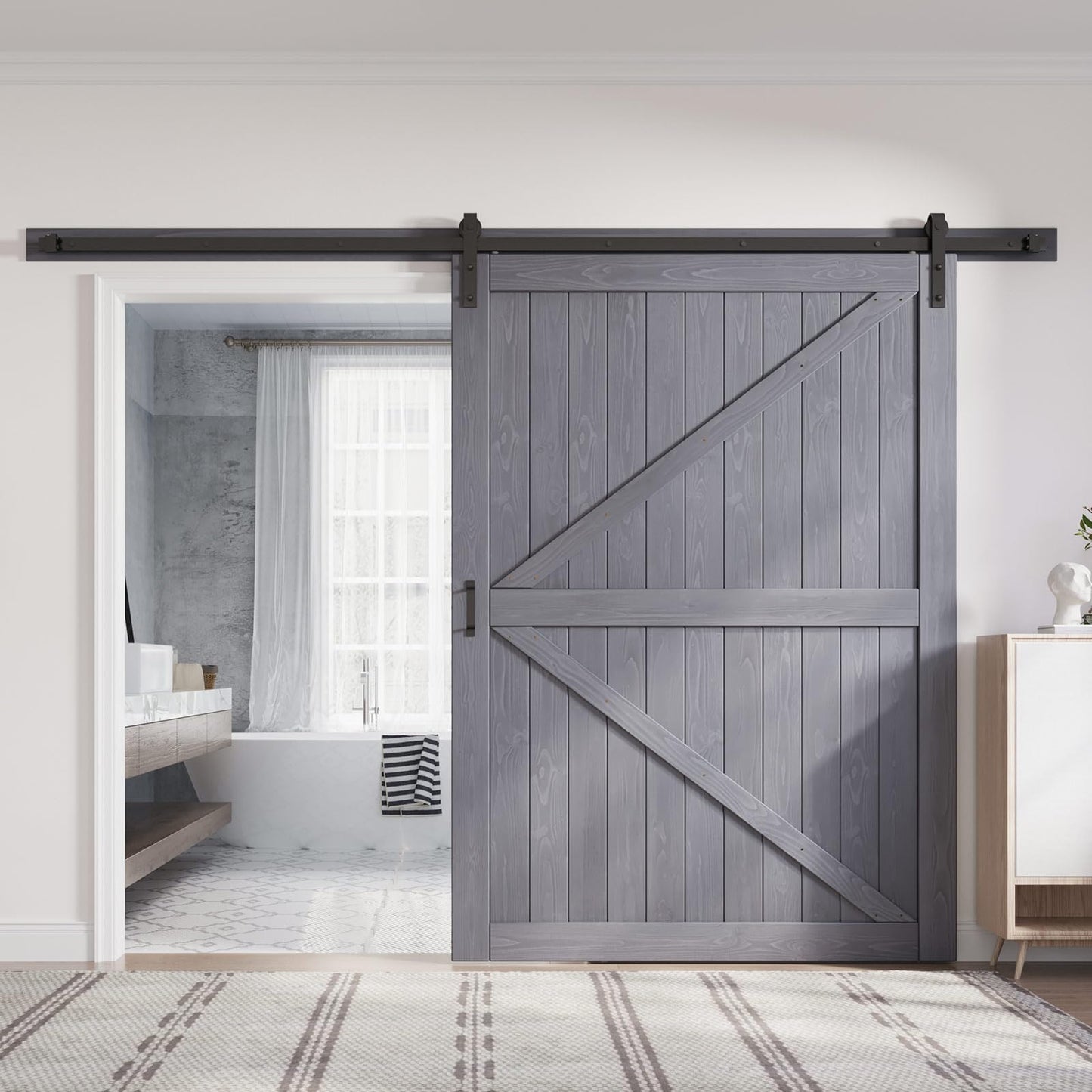 FREDBECK 60in x 84in Gray Wood Barn Door Slab with 10ft (120inch) Barn Door Hardware Track Kit Included, Double Surfaces,Simple Assembly is Required,K-Frame,Grey