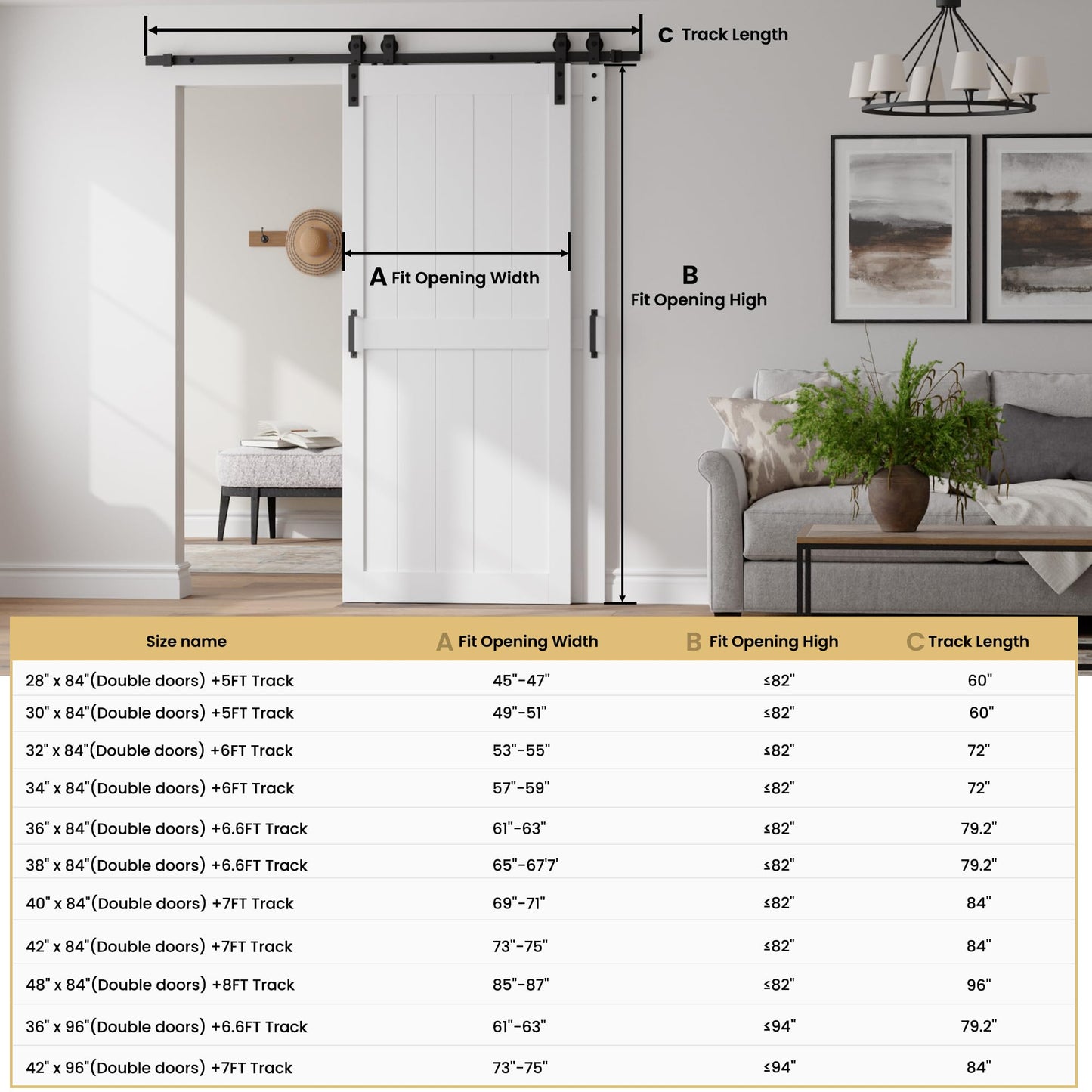COSHOMER 36" x 84" Bypass Barn Door, Sliding Barn Door with 6.6FT Track Hardware Kit Included, H Shape Solid Core MDF Barn Doors, Waterproof PVC Surface, Save Space, Easy to Install, White