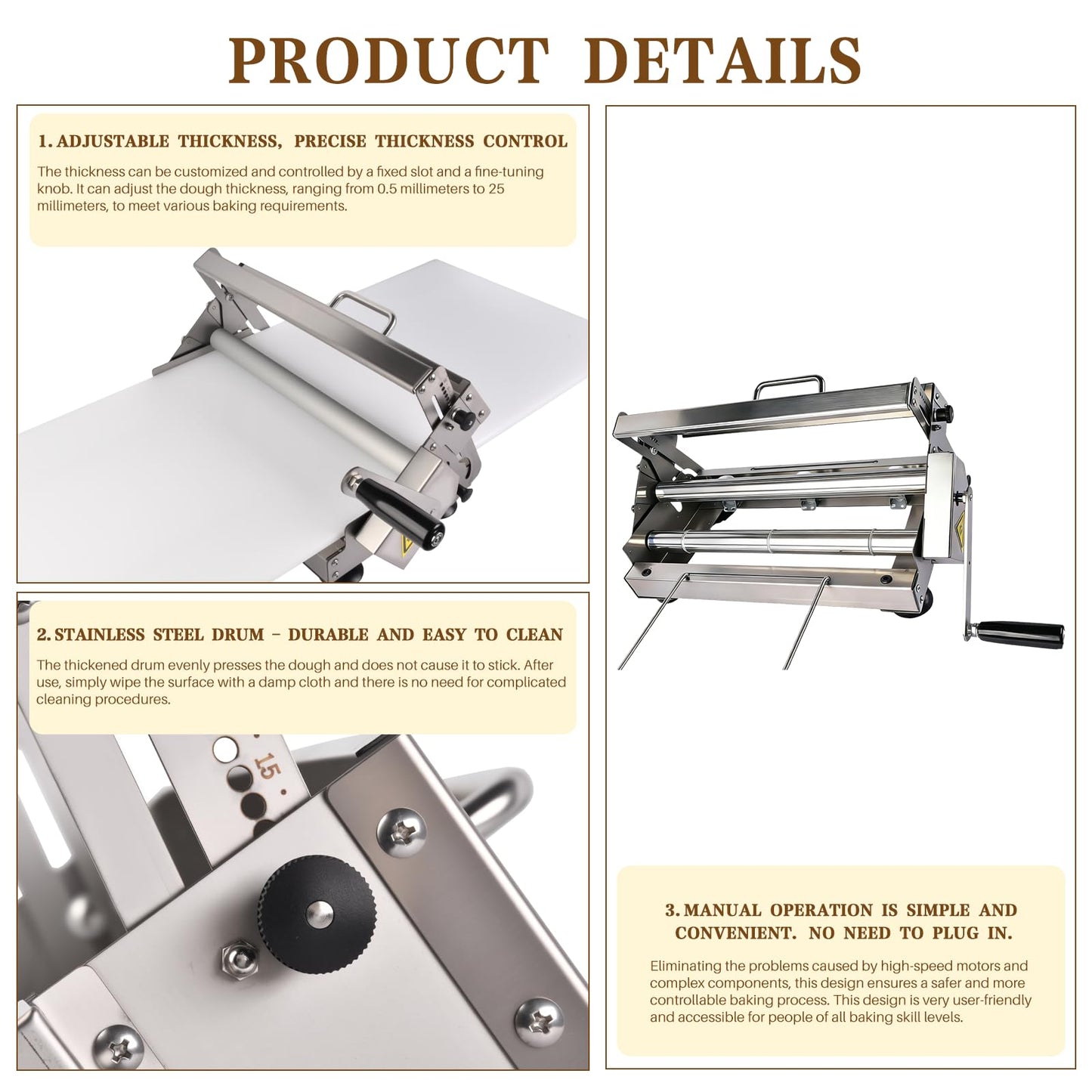 Hututimo 40.9''x15.5" Manual Dough Sheeter with Stainless Steel Roller Foldable Design, Adjustable Thickness Dough Roller Machine for Croissants, Pizza, Pastry, Pie Crust and Baking