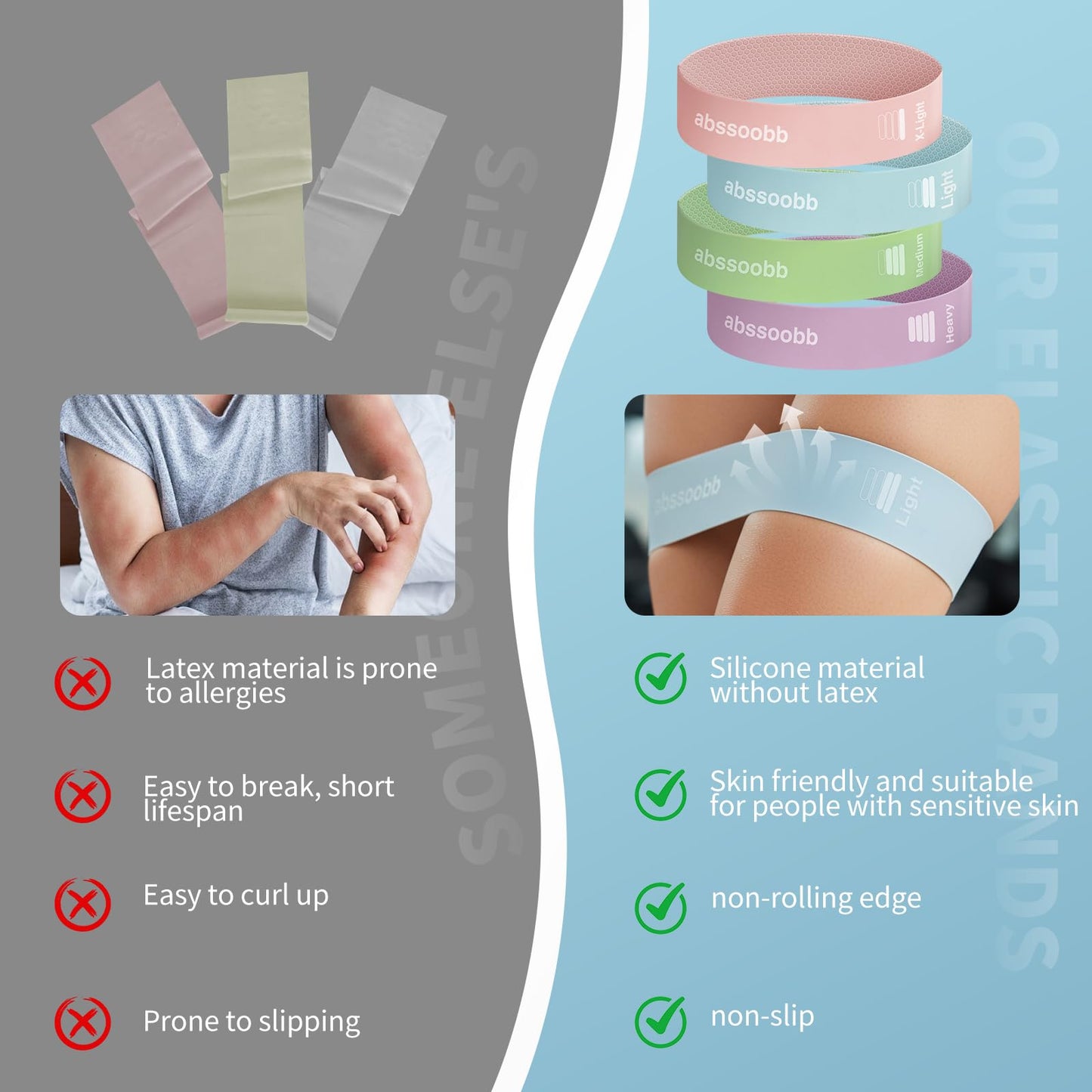 Abssoobb Silicone Resistance Loop Bands Latex-Free No-Slip Glute Booty Bands 2-Pack for Physical Therapy, Post-Op, Yoga, Pilates, Workout & Stretching