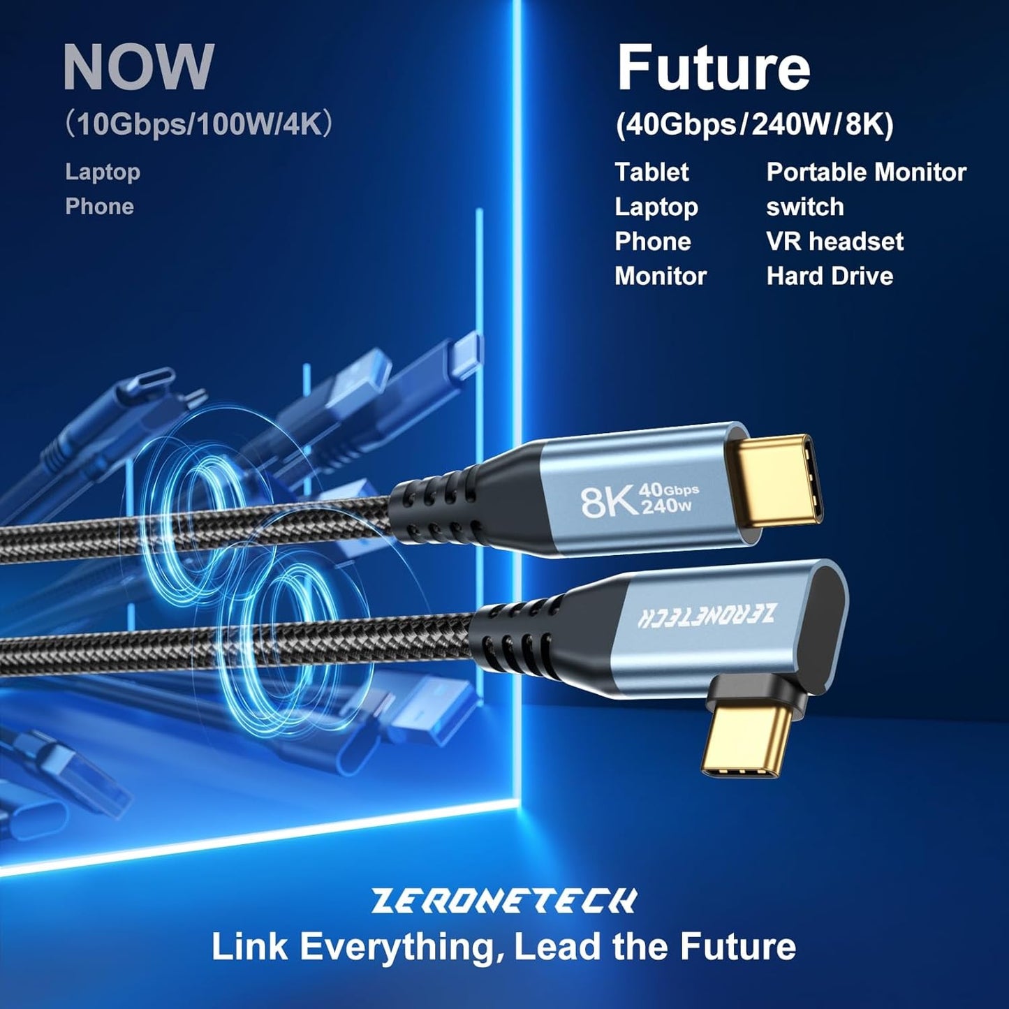 12 inch 4 1FT, 40Gbps 8K@60Hz 240W 90 ZeroneTeck USB C for Thunderbolt Cable High Speed Data Transfer Short, Right