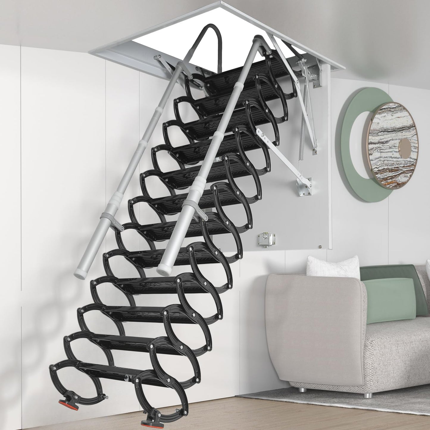 12 Steps Ceiling Mounted Attic Ladder, Retractable Pull Down System Attic Stairs, Telescopic Loft Stairs with Pull Rod, Ceiling Folding Loft Ladder with Handrail for Basement (Black, Steps 12)