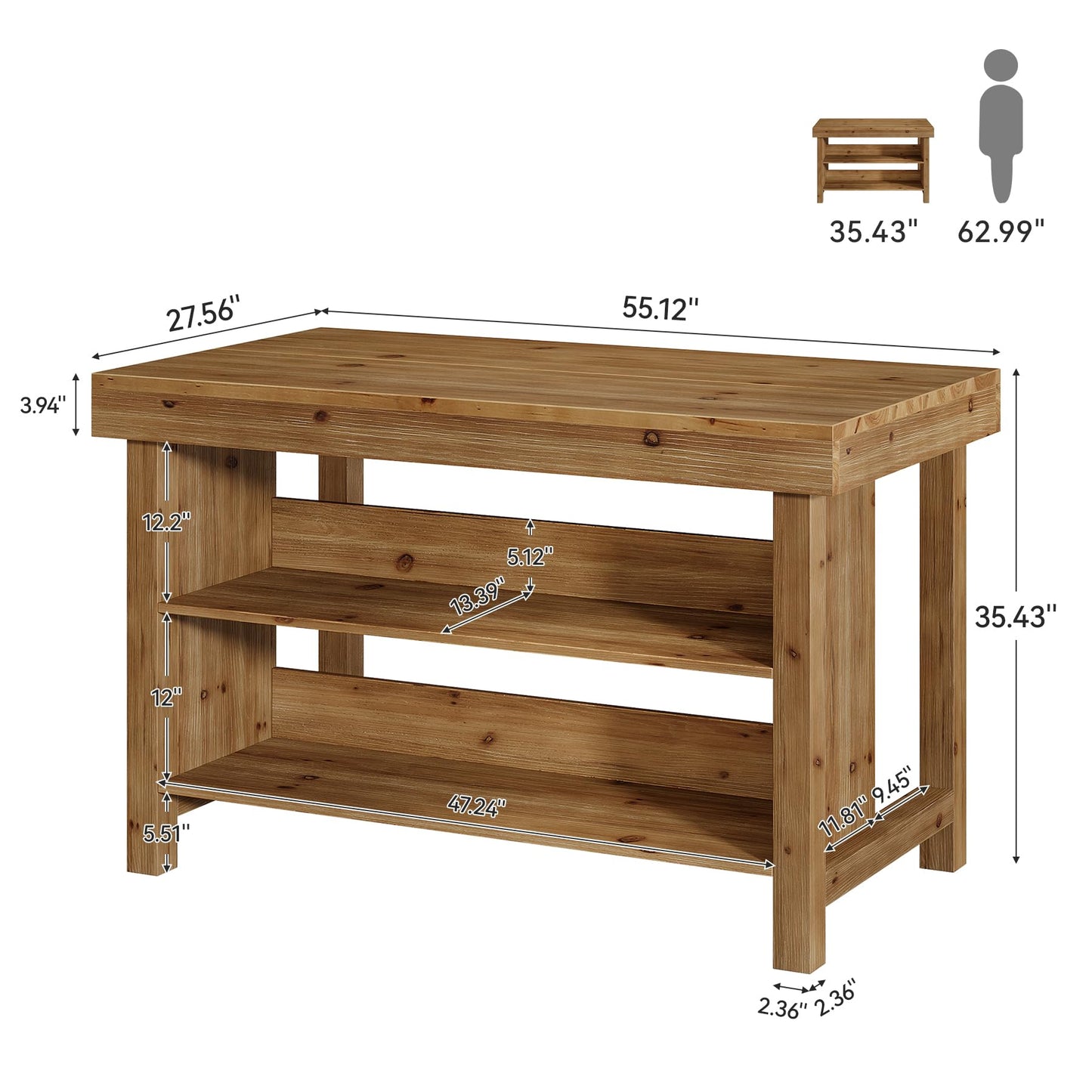 TRIBEWOOD 55" Solid Wood Kitchen Island with Storage, Farmhouse Kitchen Island Table with 3-Tier Open Shelves and Large Countertop for Kitchen, Dining & Living Room, Natural Oak