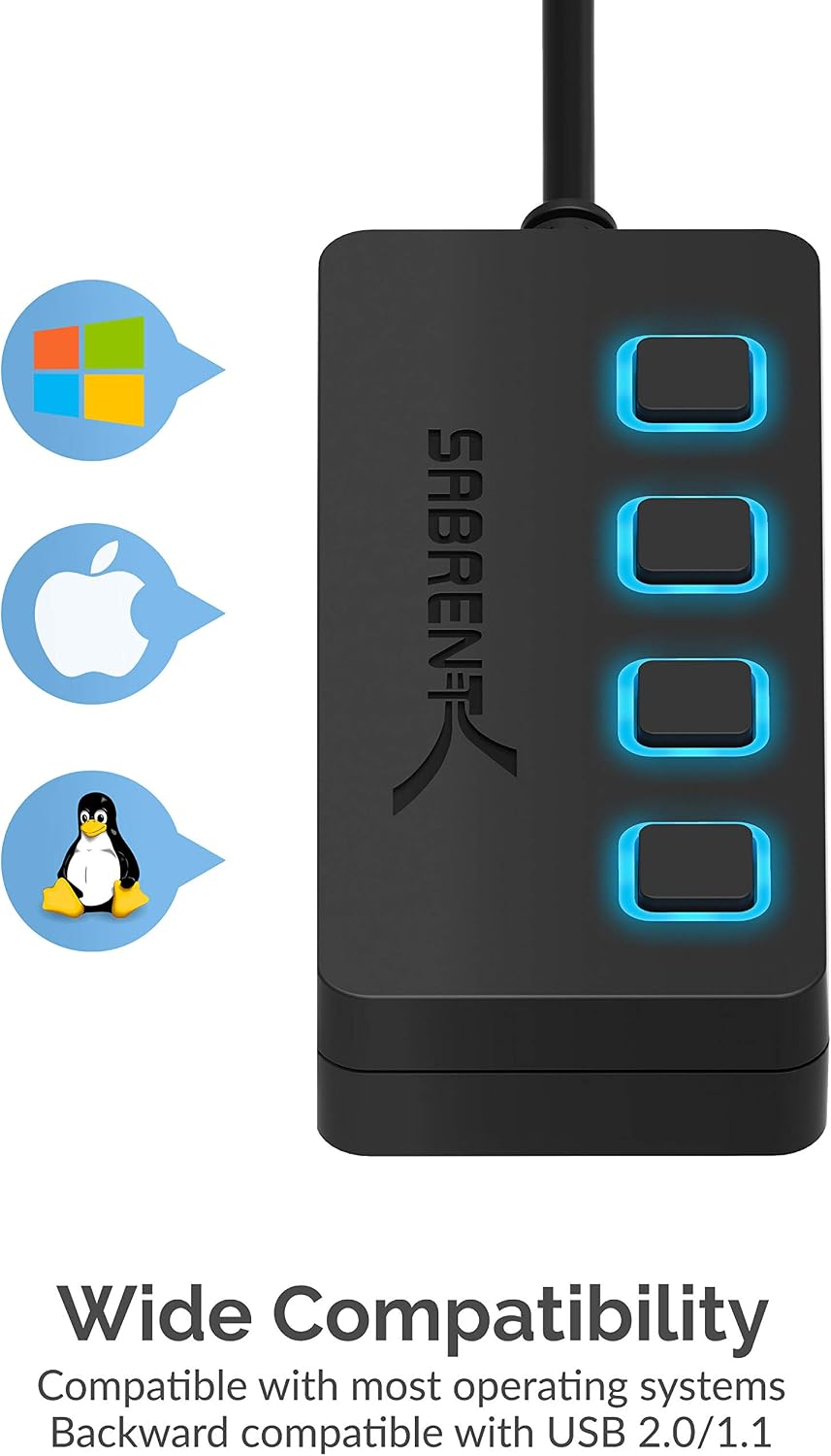 SABRENT 4-Port 3.0 2 (HB-UM43) USB Hub with Individual LED Power Switches - Slim, Portable Design - Ft Cable - Fast