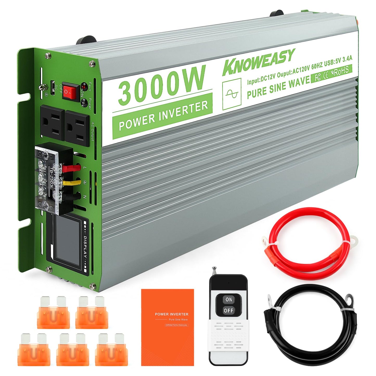 Knoweasy 3000W Pure Sine Wave Inverter 12V DC to 120V AC Converter with Remote Control and LCD Display, Dual AC Outlets and USB Ports for Home RV Truck Off-Grid Solar System