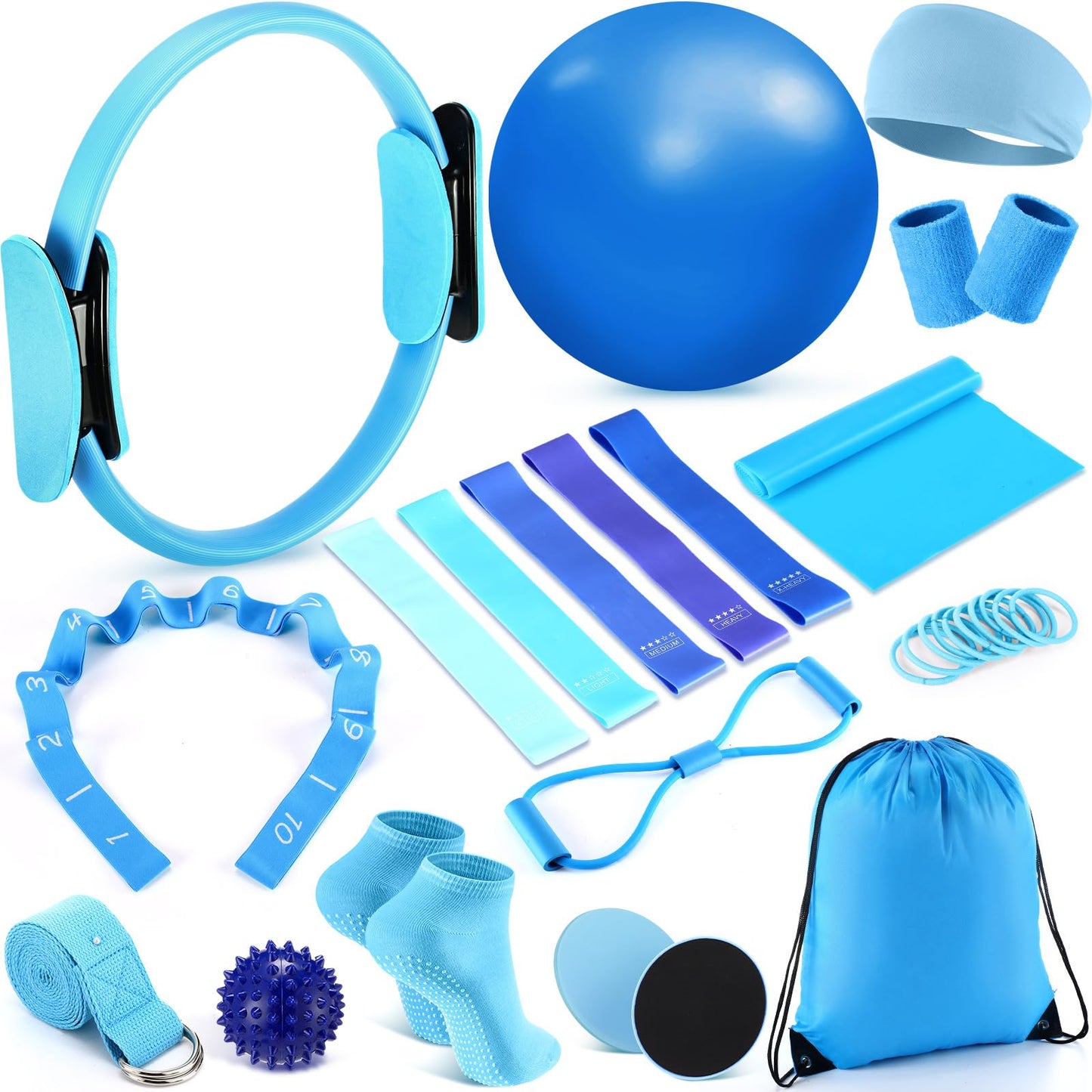 Poen 18 Pcs Home Pilates Ball and Ring Circle Set Yoga Fitness Essentials Kit with 5 Resistance Band Stretching Strap Non Slip Sock Ball Core Slider Wristband Headband Gym Bag for Women(Blue)
