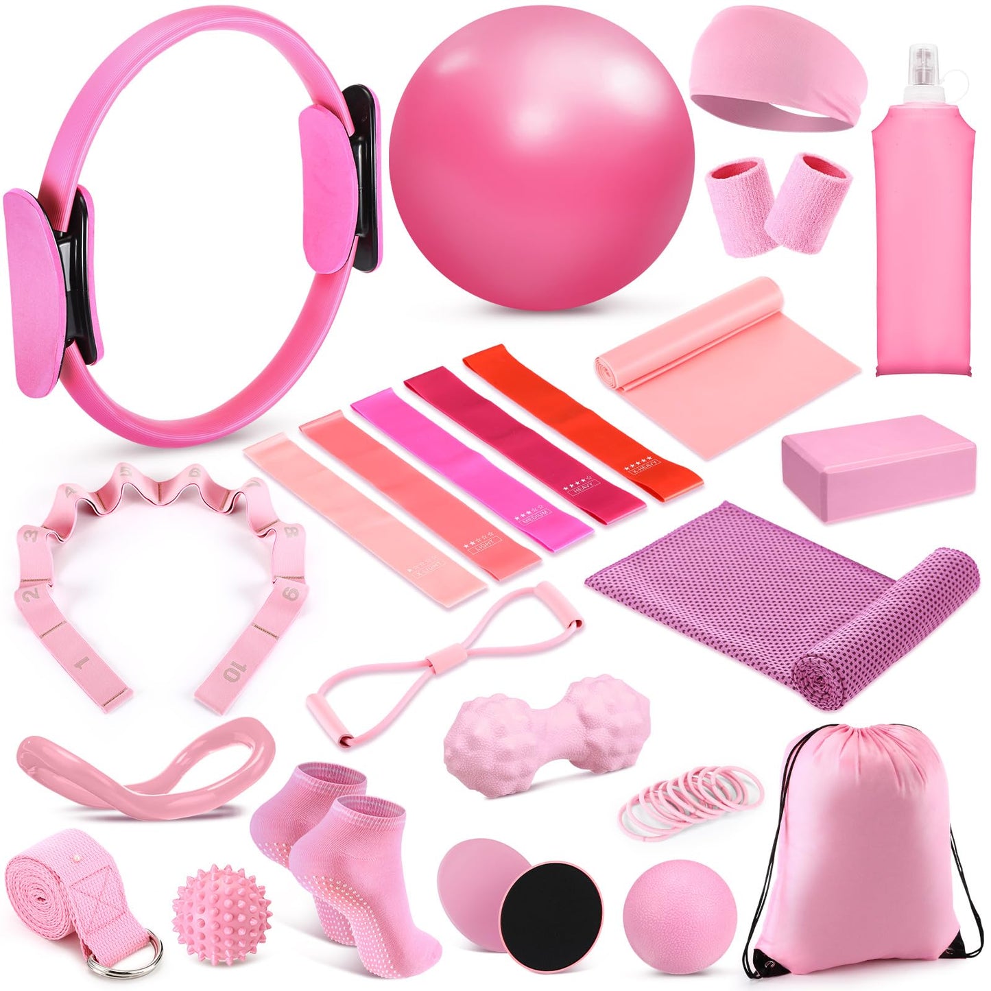 Halloscume 24 Pcs Pilates Kit, Home Pilate Equipment for Women, Pilates Ring and Ball Set with Stretching Strap, Water Bottle, Magic Circle, Yoga Ring, Gym Bag, Resistance Band, Anti Slip Sock(Pink)