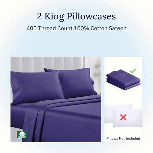 California Design Den King Size Pillowcase Set - 400 Thread Count 100% Cotton Sateen, Soft Breathable Dark Purple | Set of 2