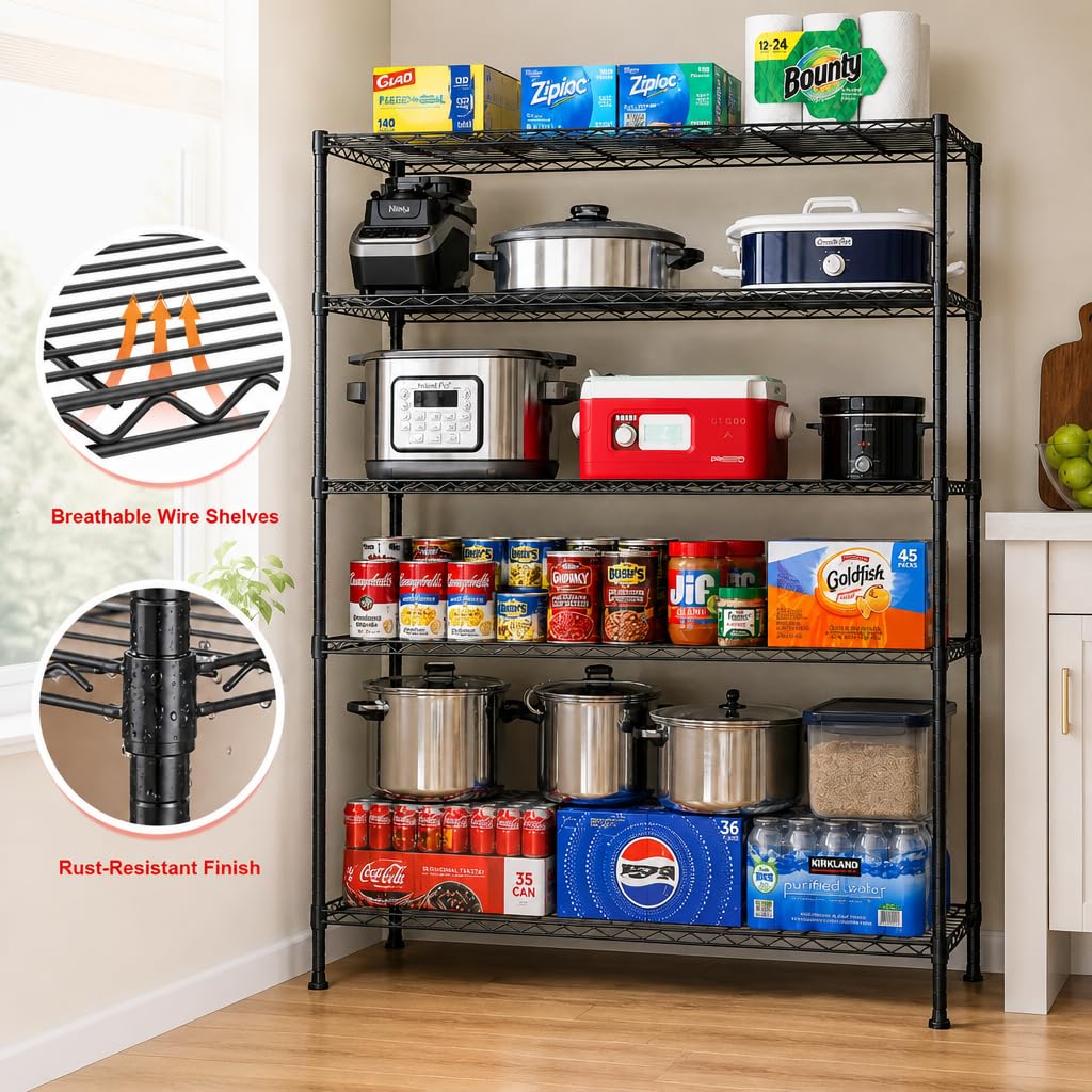 REIBII 45.8" W Ventilated Storage Shelves, Heavy Duty 5-Tier Wire Shelving, Adjustable Metal Shelf for Pantry Kitchen Garage Basement Commercial, Tool-Free Assembly, 45.8" W x 71" H, Black