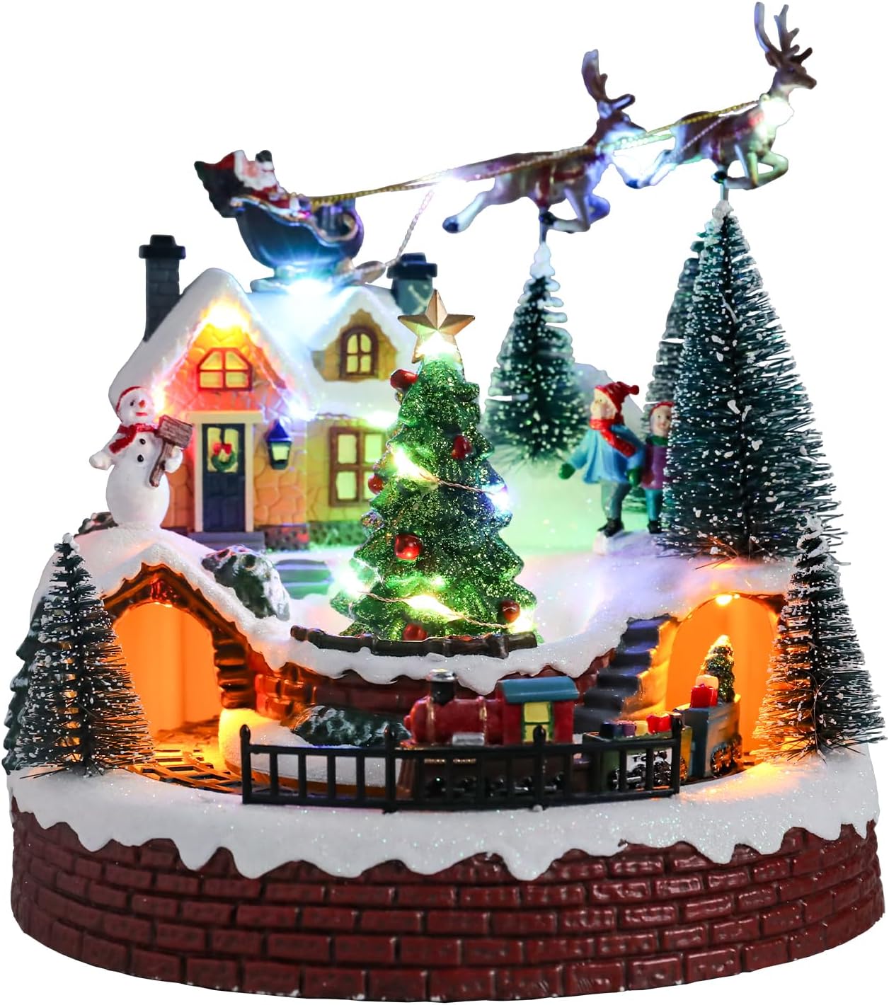 Vipush Christmas Village House Decorations - Resin Train Set with LED Lights & 8 Holiday Songs | Flying Santa Figurines