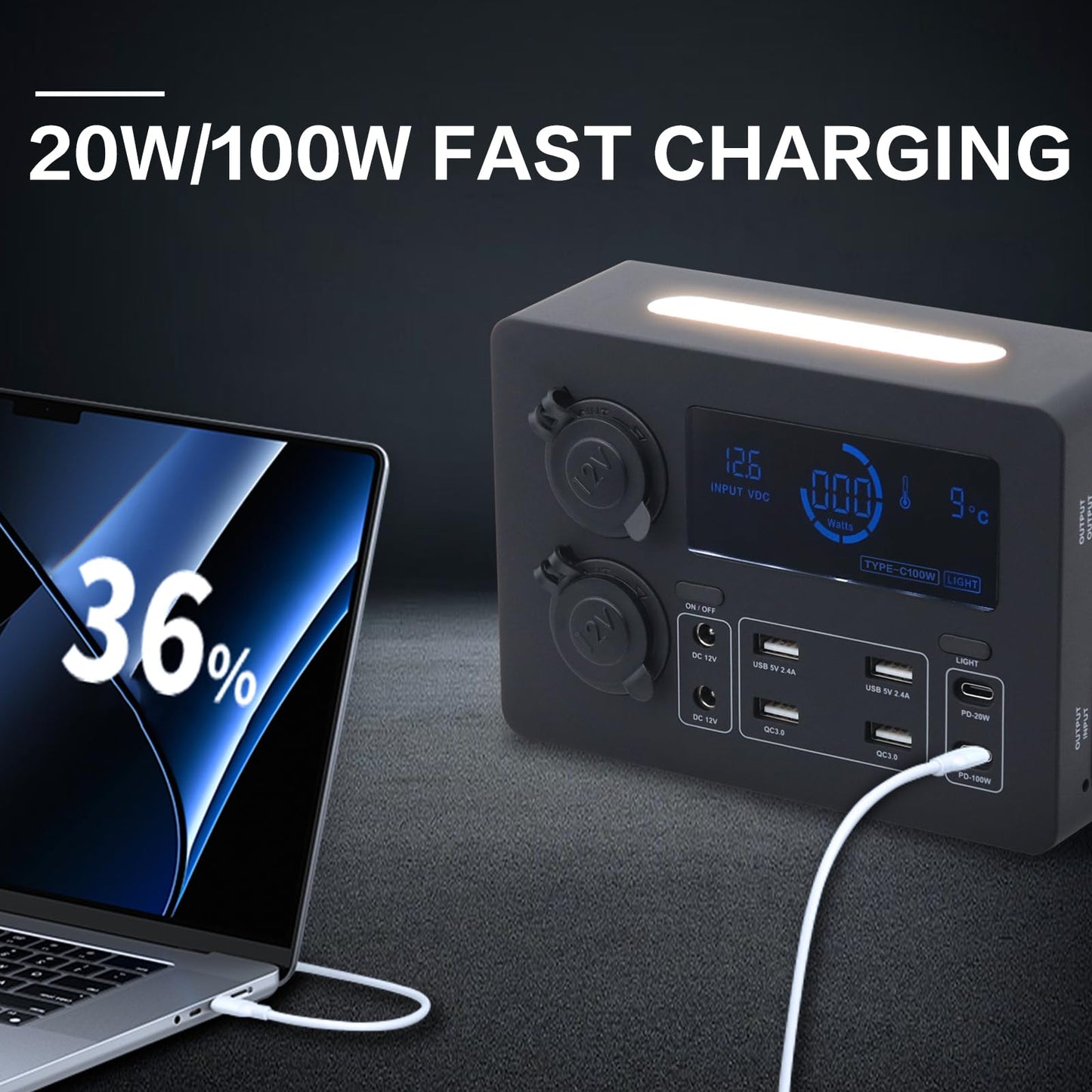 AMOMD 12-24 V Power Outlet Hub Distribution Box 13 Output Sockets Quick Plug+PD20W/100W+QC3.0 USB+CIG Power Sockets Plug-and-Play with LCD Display LED Light Suitable for All Deep-cycle Type