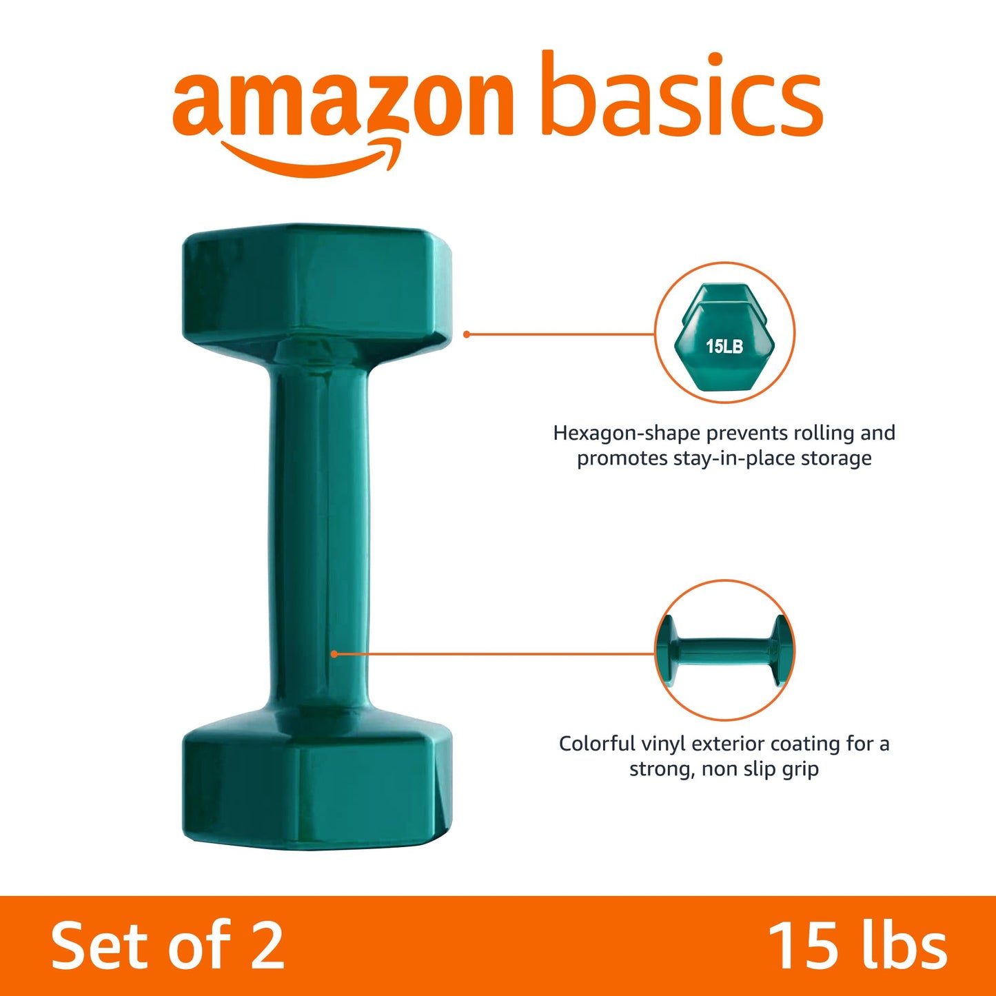 Amazon Basics Vinyl Coated Hexagon Dumbbell Hand Weights with Non-Slip Grip for Exercise, 15 Pounds, Teal, Pair