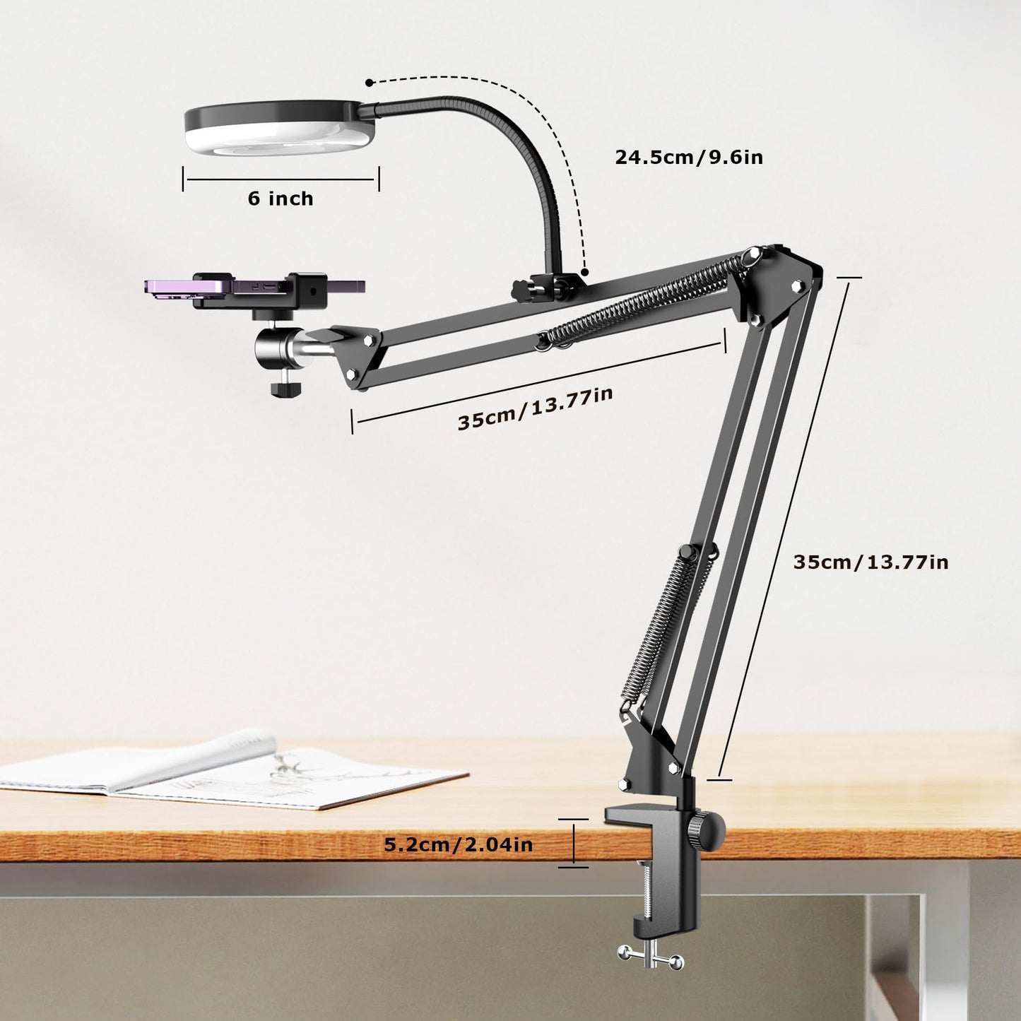 Overhead Camera Mount with Ring Light, Flexible Articulating Phone Arm Stand Compatible with iPhone, Logitech Webcam, Desk Tripod for YouTube Live Stream Cooking Nail Video Recording