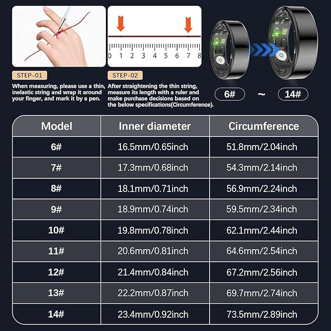 Health Tracker Ring, Smart Health Ring for Women Men with Heart Rate, Blood Oxygen, Sleep Monitor, Steps,Calories, No Subscription Fee, IP68 Waterproof Smart Ring for iPhone & Android (Black, 12)