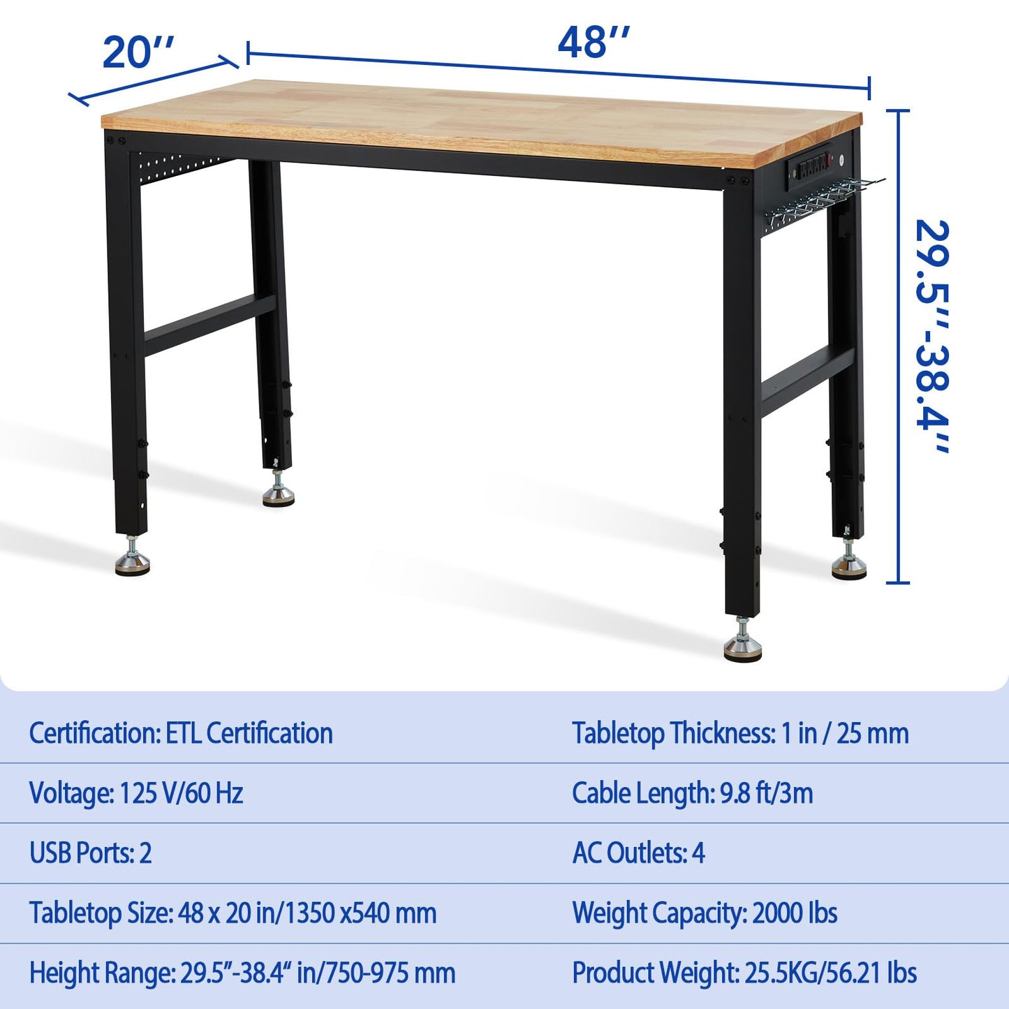 48"x20"Adjustable Workbench, 2000 Lbs Capacity, Heavy-Duty Garage Worktable with Built-in Power Outlet for Home, Office & Workshop, Adjustable Height 29.5"-38.4"