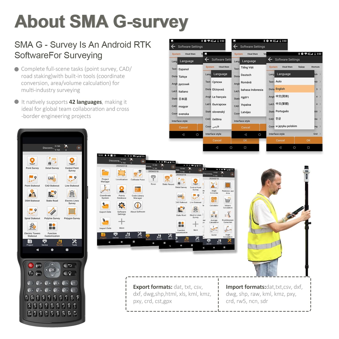 SMA25R Net GNSS RTK Survey System Handheld High Precision Positioning Receiver with Collector, CORS Connection, 10cm Accuracy by PPP, Tilt Compensation, for Land Surveying, Construction