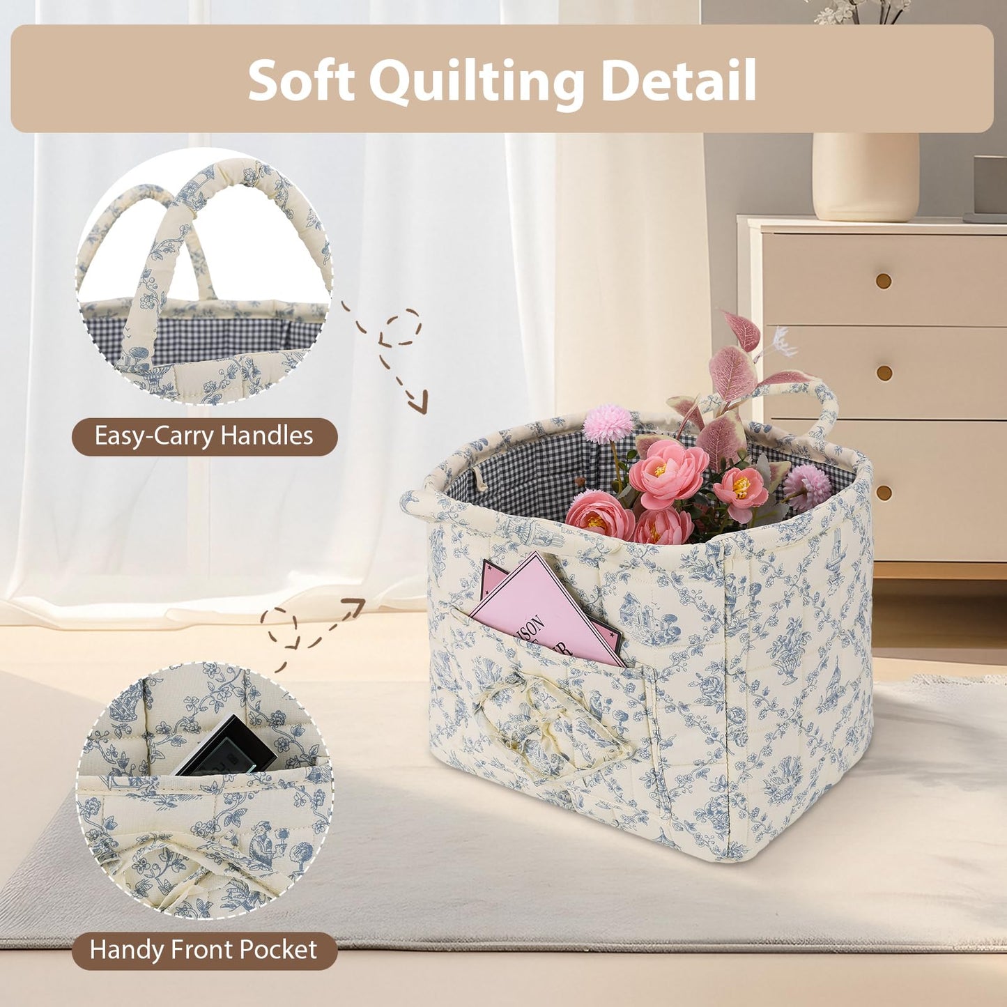 Storage Basket Boho Fabric Large Collapsible Floral Laundry Nursery Hamper Portable Folding Storage for Clothes Toys (Vine-Blue A)