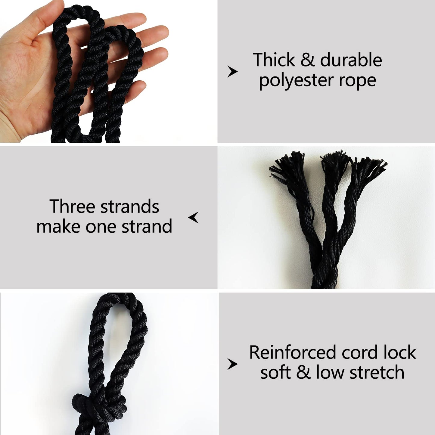 Black Twisted Polyester Arborist Rope (1/2 inch x 100 feet), Strong Tree Climbing Rope Bull Rope for Swing, Sailing, Camping, Pulling, Tree Work