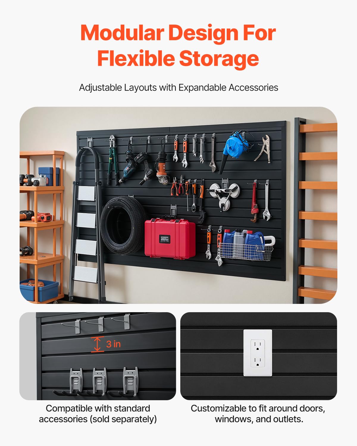 VEVOR Slat Wall Paneling, 8 x 4 ft, PVC Garage Slatwall without Accessories, Black Slat Wall Easy-to-Install Adjustable Slatwall Panel with Coupling Structure & DIY Cutting, Fits for Storage & Display