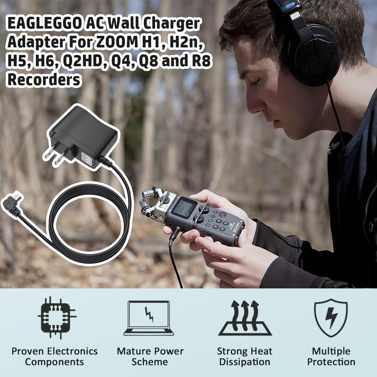 EAGLEGGO H1, H2n, H5, H6, Q2HD, Q4, R8 Power Supply Adapter for Zoom Recorders AC Adapter Wall Charger
