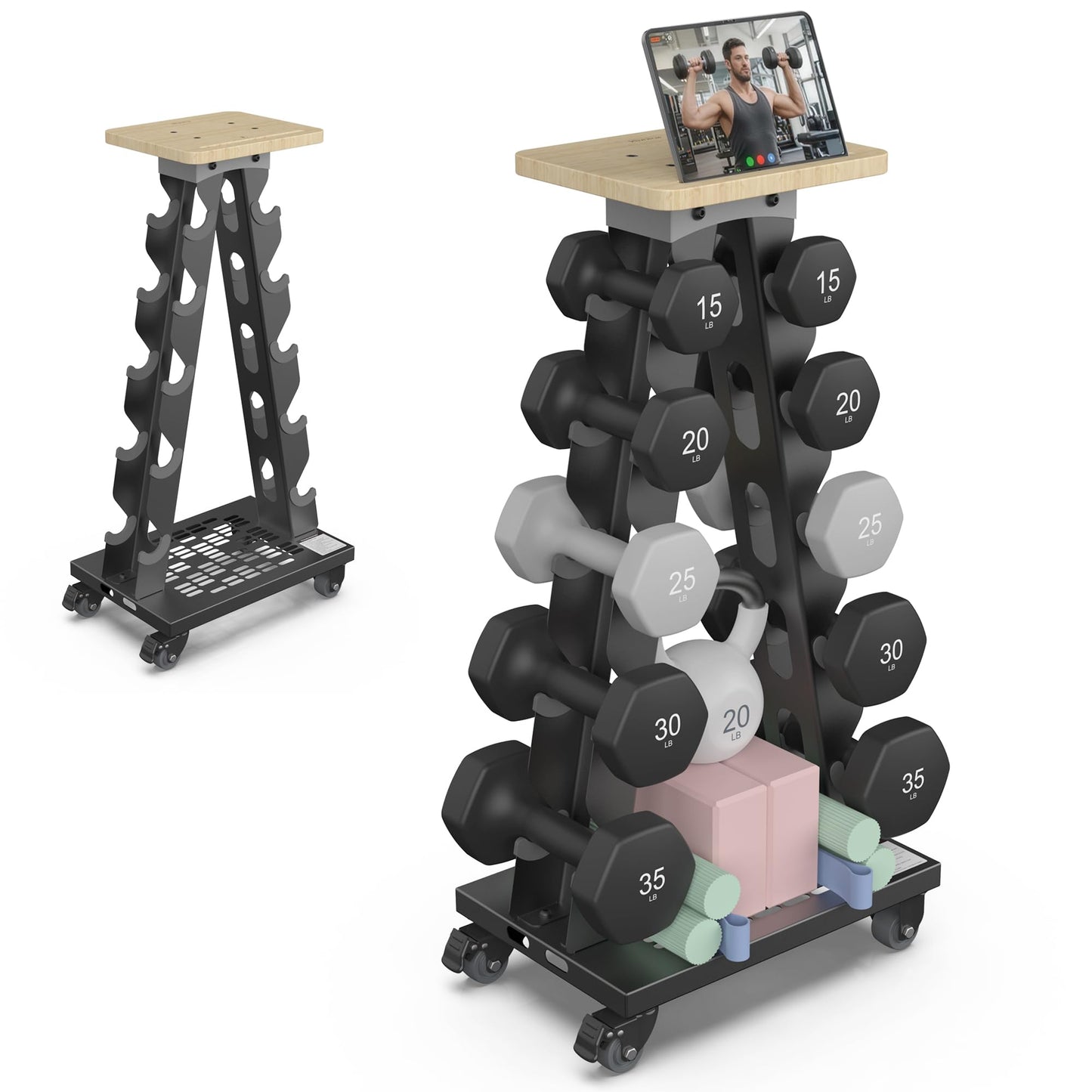 Vertical Dumbbell Rack Stand with Wheels, 5-Tier A-Frame Mobile Weight Storage for Dumbbells, 300LBS Capacity Professional Solid Steel with Training Assist Platform & Bottom Tray, Perfect for Home Gym Fitness Organization (Rack Only)