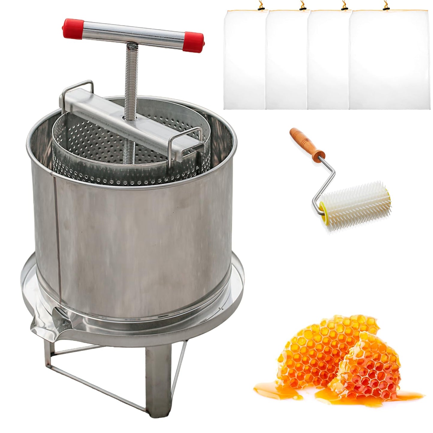 Duseu Honey Press Extractor Machine, Stainless Steel Honey Spinner Extractor Manual, Uncapping Needle Roller, 4 PCS Mesh Honey Strainer Bag, Honey Extraction Equipment for Wine Honey and Juice Making