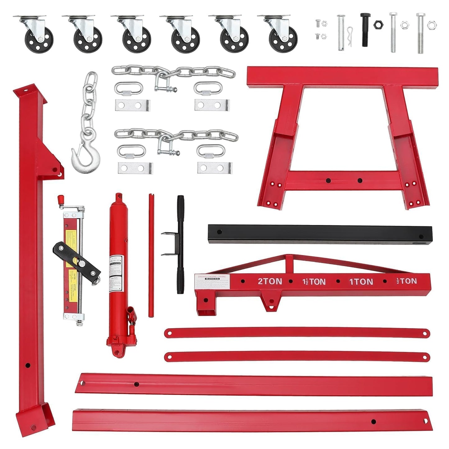 2-Ton Folding Hydraulic Engine Hoist - 4400 lb Heavy Duty Shop Crane with Adjustable Telescoping Boom, Load Leveler & 6 Swivel Caster Wheels, Red, for Garage and Automotive Use