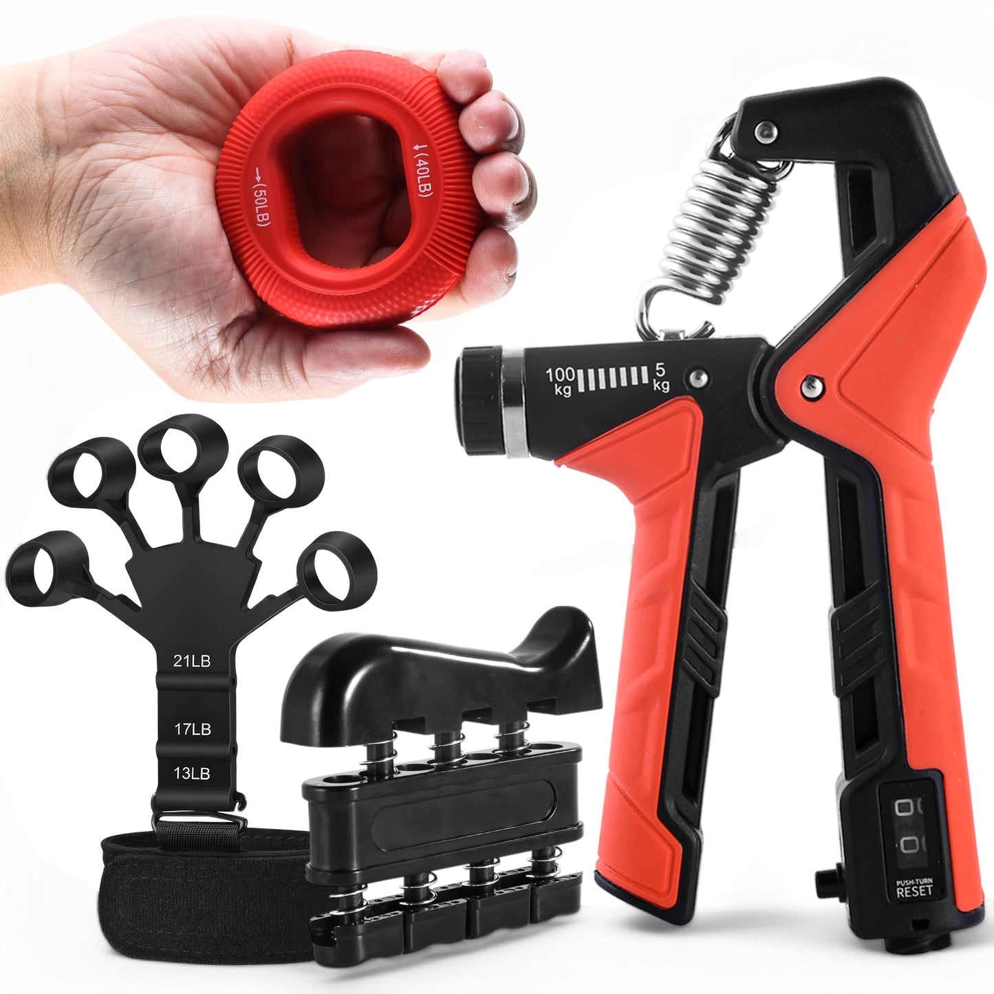 Grip Strength Trainer Kit, 4 Pack Hand Gripper Strengthener with Adjustable Resistance (5-100kg), Forearm Exerciser, Finger Strengthener & Stress Relief Ball for Muscle Building & Injury Recovery