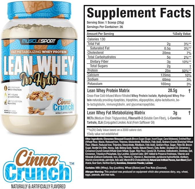 Musclesport Lean Whey Revolution??Protein Powder - Whey Protein Isolate - Low Calorie, Low Carb, Low Fat, Incredible Flavors - 25g Protein per Scoop - 2lb Cinna Crunch