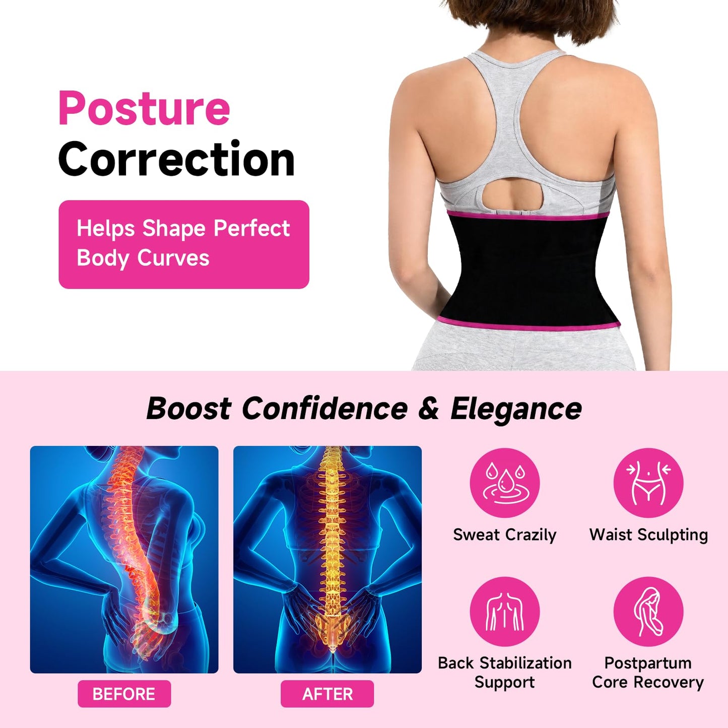 Waist Trainer for Women, Silver Nano Sweat Training Band, Adjustable Belly Wrap for Workout & Postpartum Support (Black/Pink)