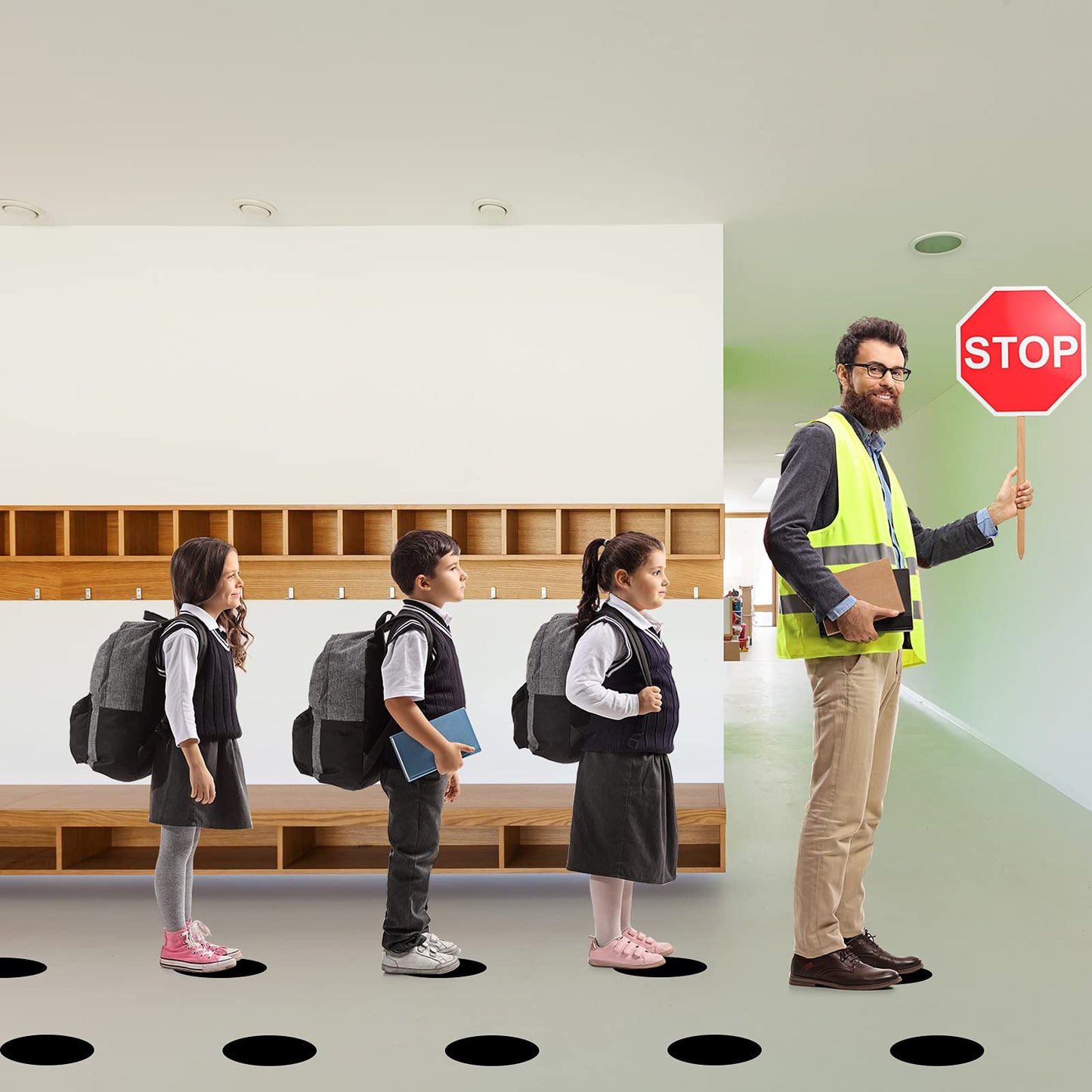 6Inch Vinyl Floor Stickers for Classroom IKAYAS Black Self Adhesive Dots Line Up Spots 36pcs Removable Decals Markers for Preschool and Kindergarten Elementary