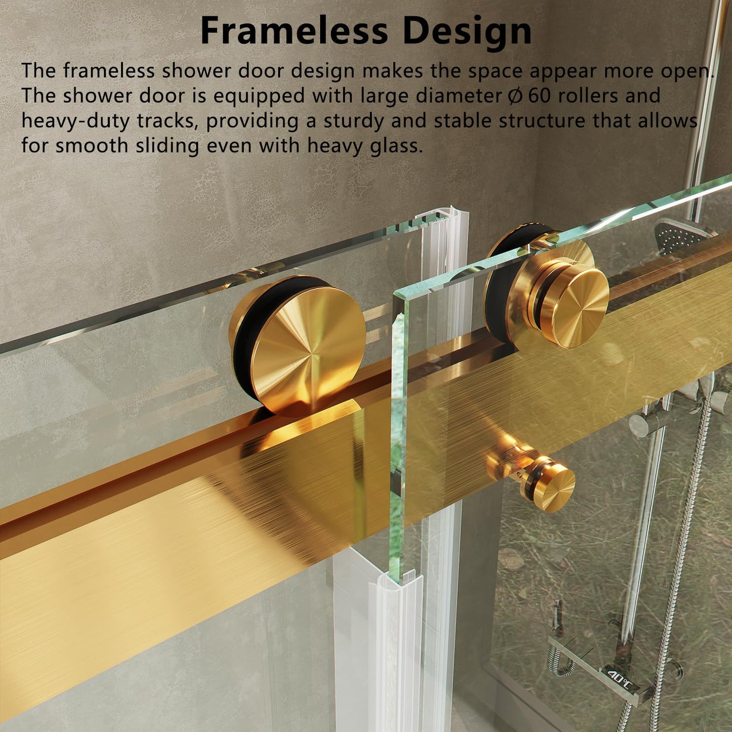 CRISSENSSI Frameless Soft Close Shower Door, 56"-60 "W, 76 "H, 3/8" (10mm) Clear Tempered Glass, Double Sliding Doors, Brushed Gold Finish.