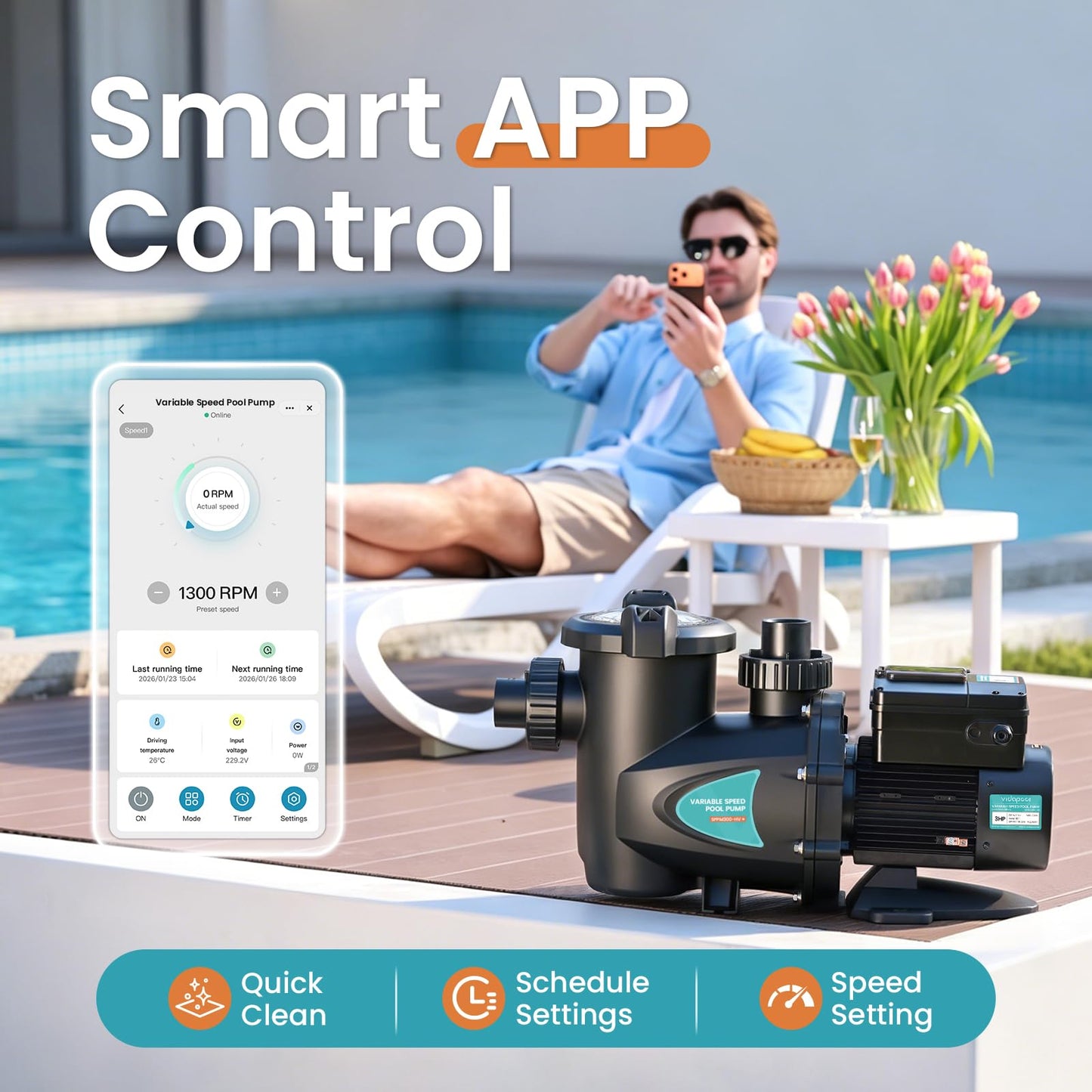 Vidapool Variable Speed Pool Pump, In/Above Pool Pump with Filter Basket, 3 HP, 220V, 11100GPH