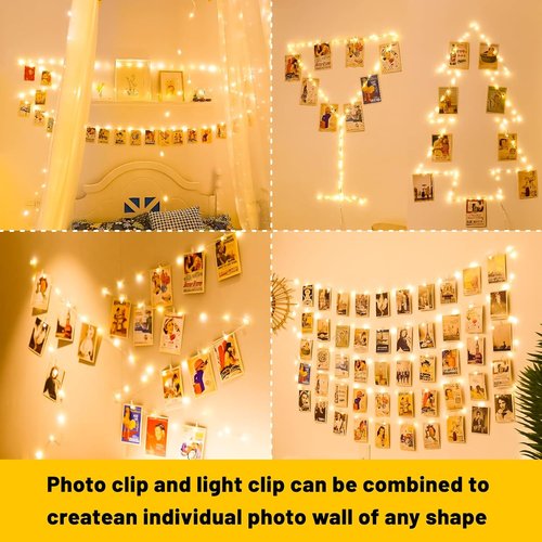HXWEIYE 50LED Photo String Lights - Warm White 16.4Ft Battery-Powered Fairy Lights with 52 Clips & 10 Hooks for Pictures, Dorms, Parties